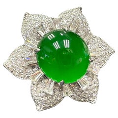 Anillo de Cóctel de Diamantes y Flor de Jade Natural Certificado. Verde Imperial. XXL