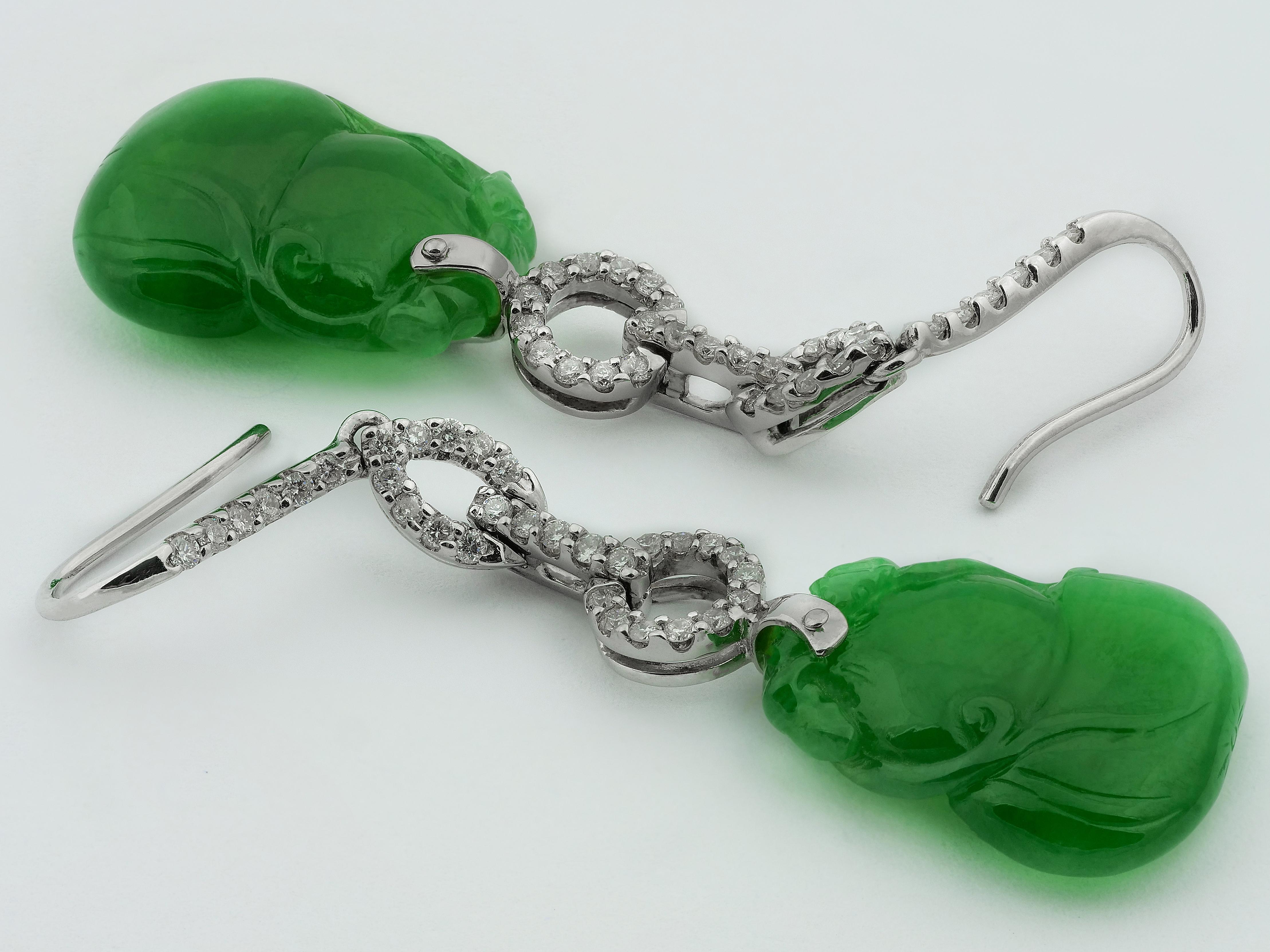 Modern Certified Natural Jade Gourd Bottle Chinese Xian Immortals Drop Diamond Earrings For Sale