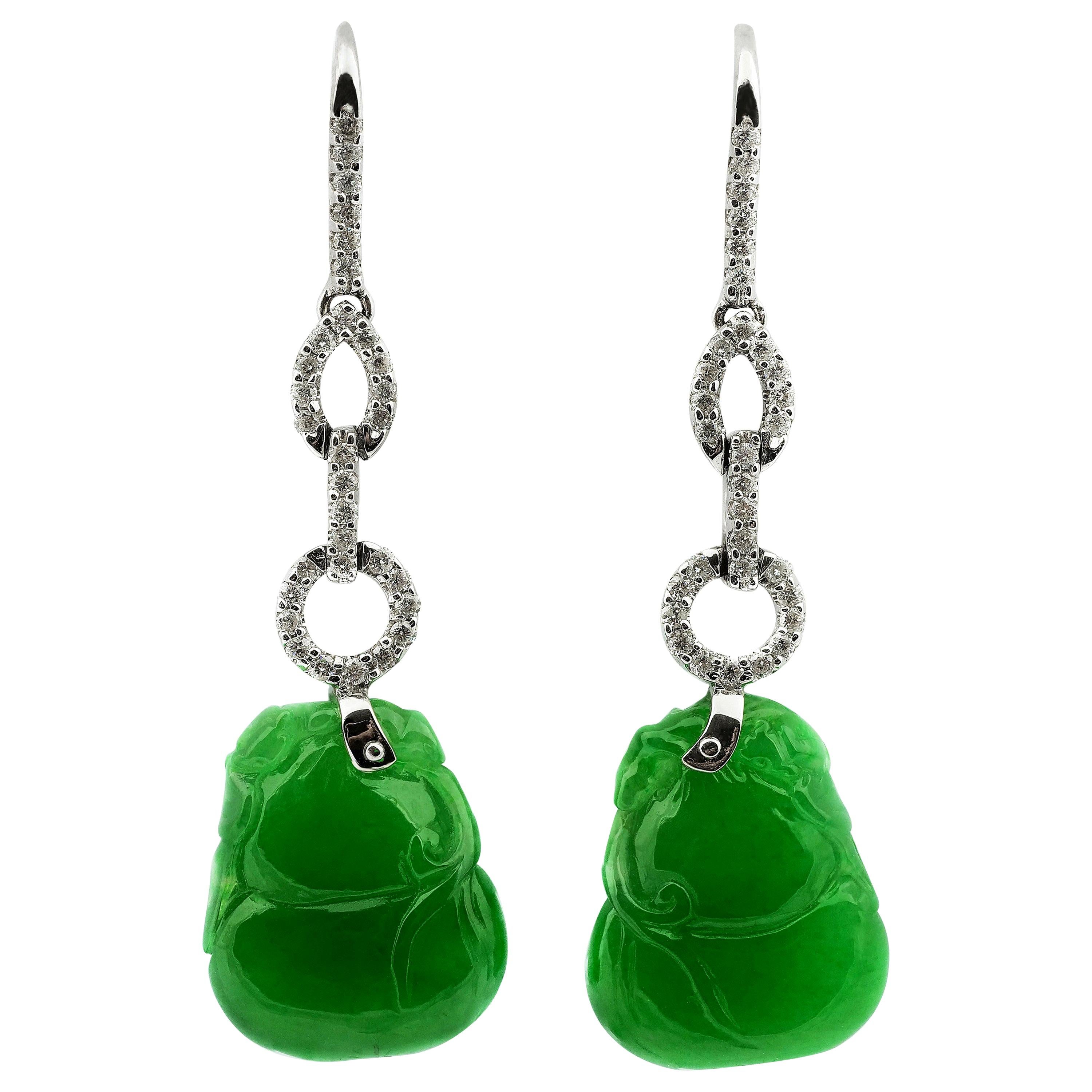 Certified Natural Jade Gourd Bottle Chinese Xian Immortals Drop Diamond Earrings For Sale