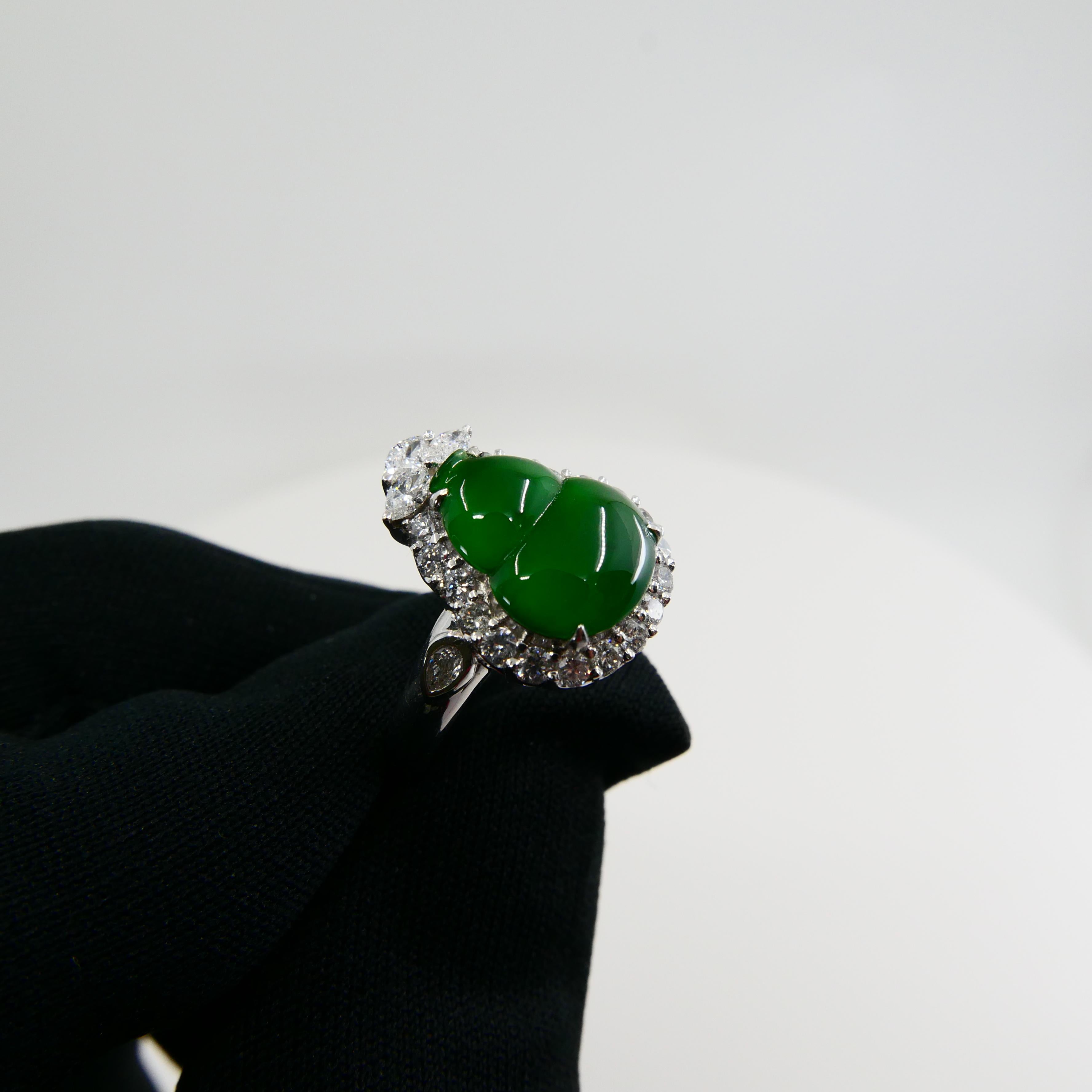 Certified Natural Jade Gourd & Diamond Cocktail Ring, Intense Green, Subtle Glow For Sale 4