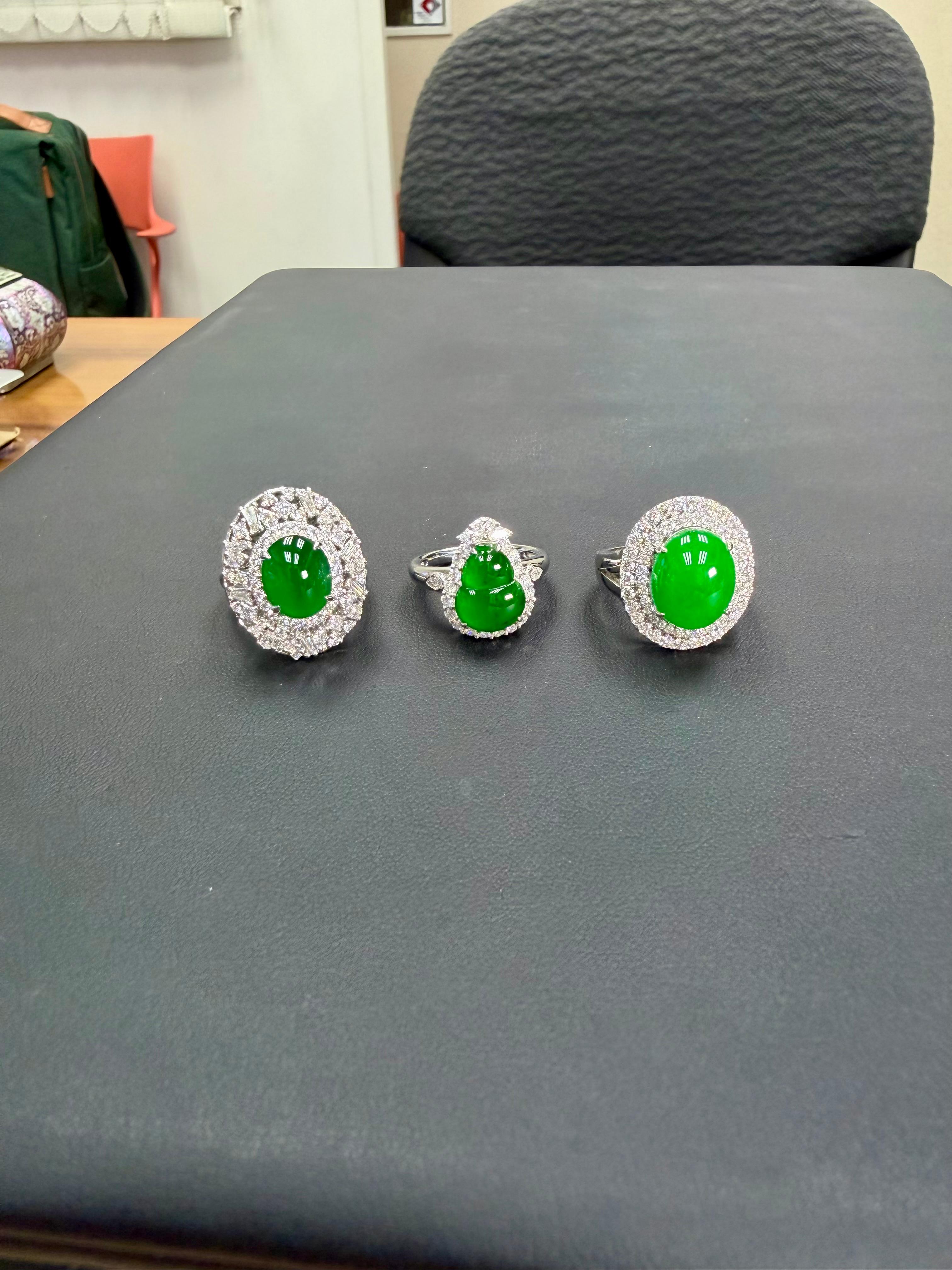 Bague cocktail en gourde en jade naturel certifié et diamants, vert intense, éclat subtil Pour femmes en vente