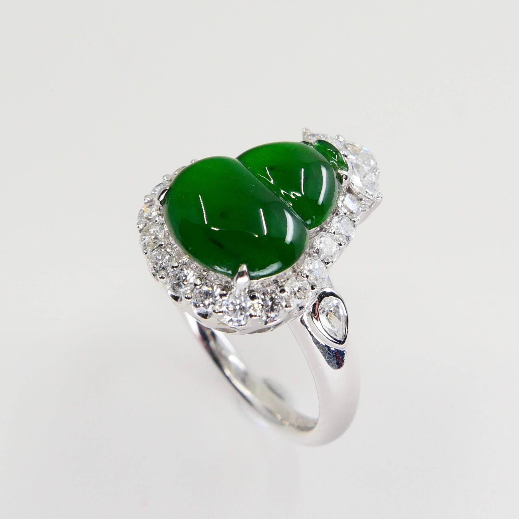 Rough Cut Certified Natural Jade Gourd & Diamond Cocktail Ring, Intense Green, Subtle Glow For Sale