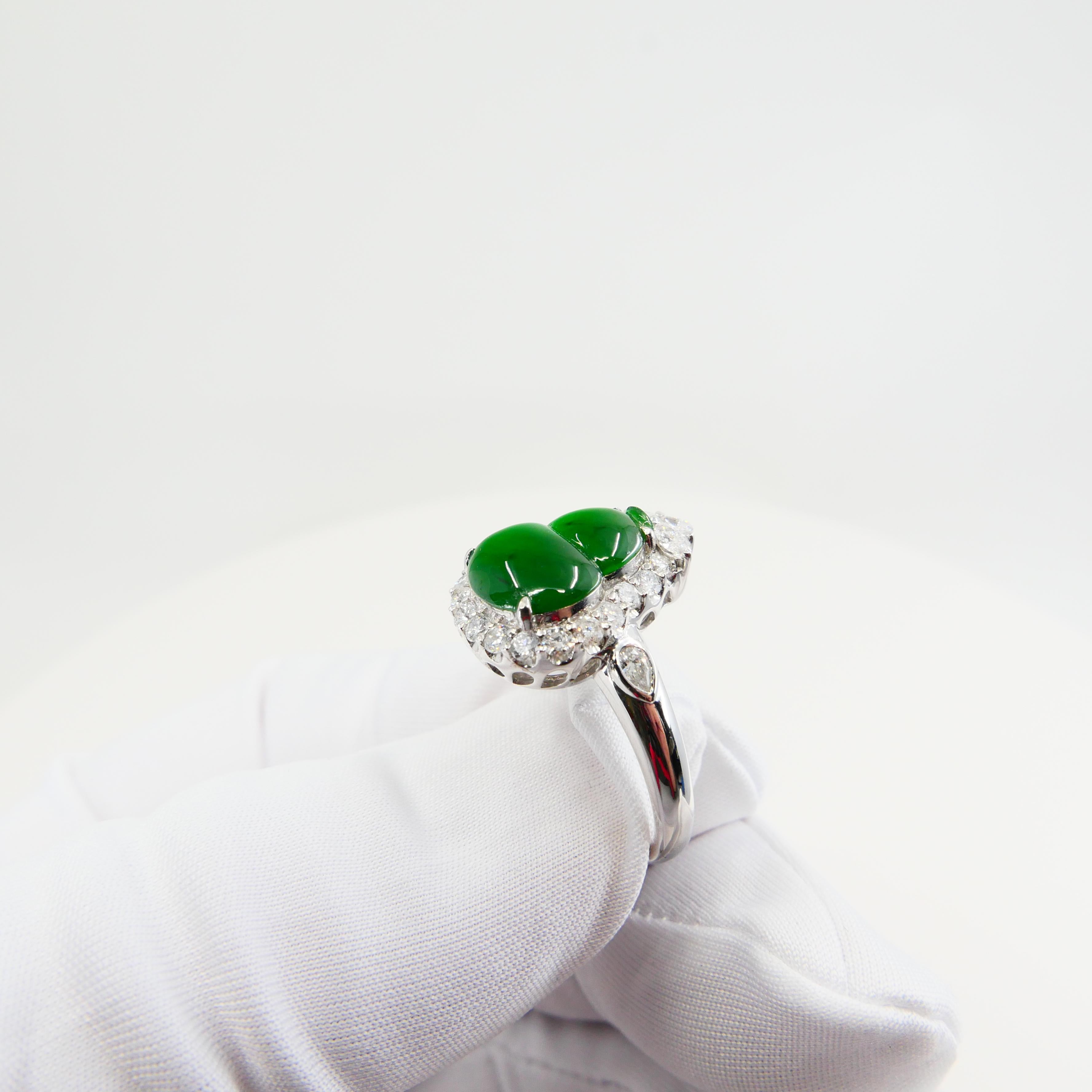 Women's Certified Natural Jade Gourd & Diamond Cocktail Ring, Intense Green, Subtle Glow For Sale