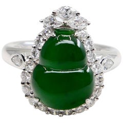 Vintage Certified Natural Jade Gourd & Diamond Cocktail Ring, Intense Green, Subtle Glow