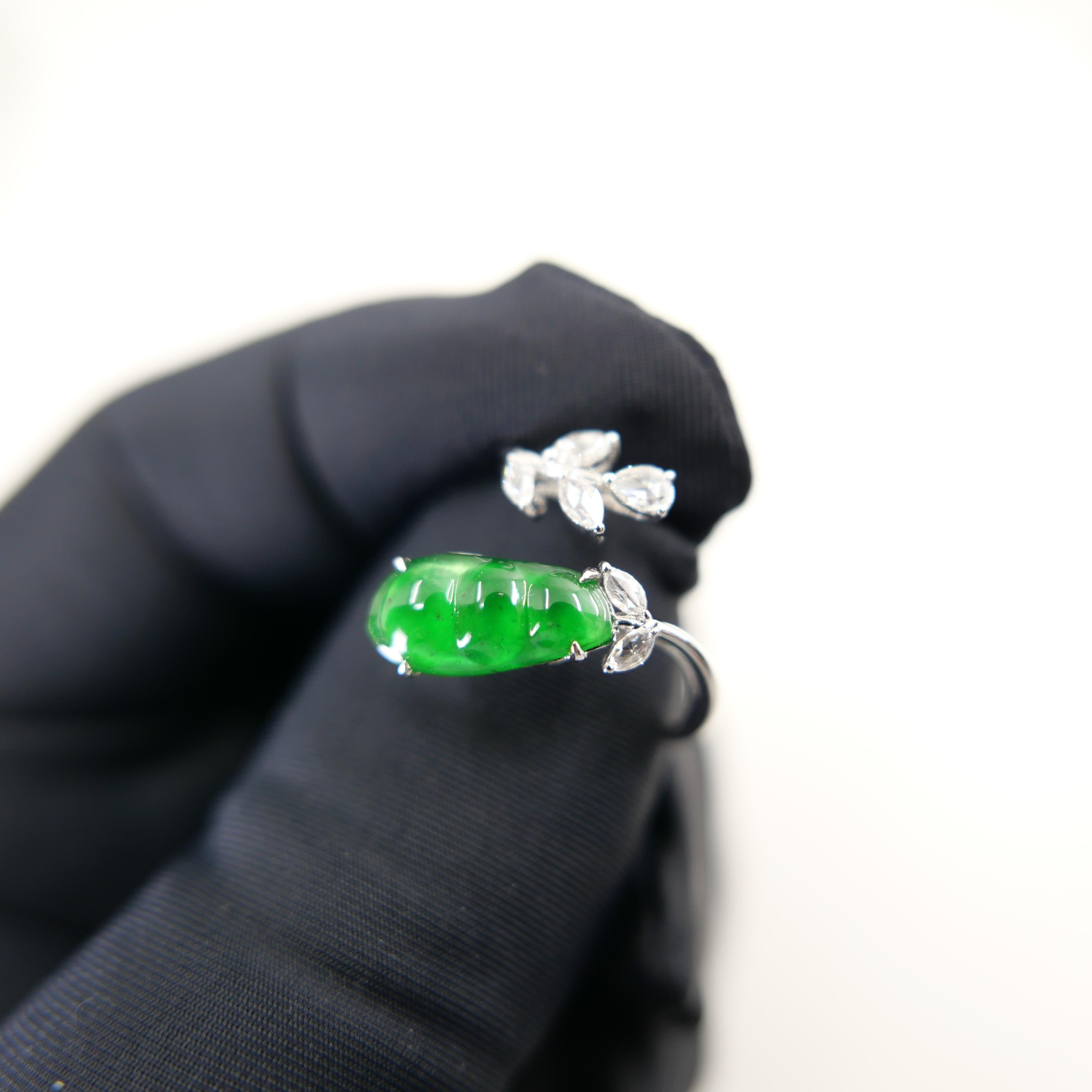 Certified Natural Jade Peapod, & Diamond Cocktail Ring. Best Imperial Green! For Sale 5