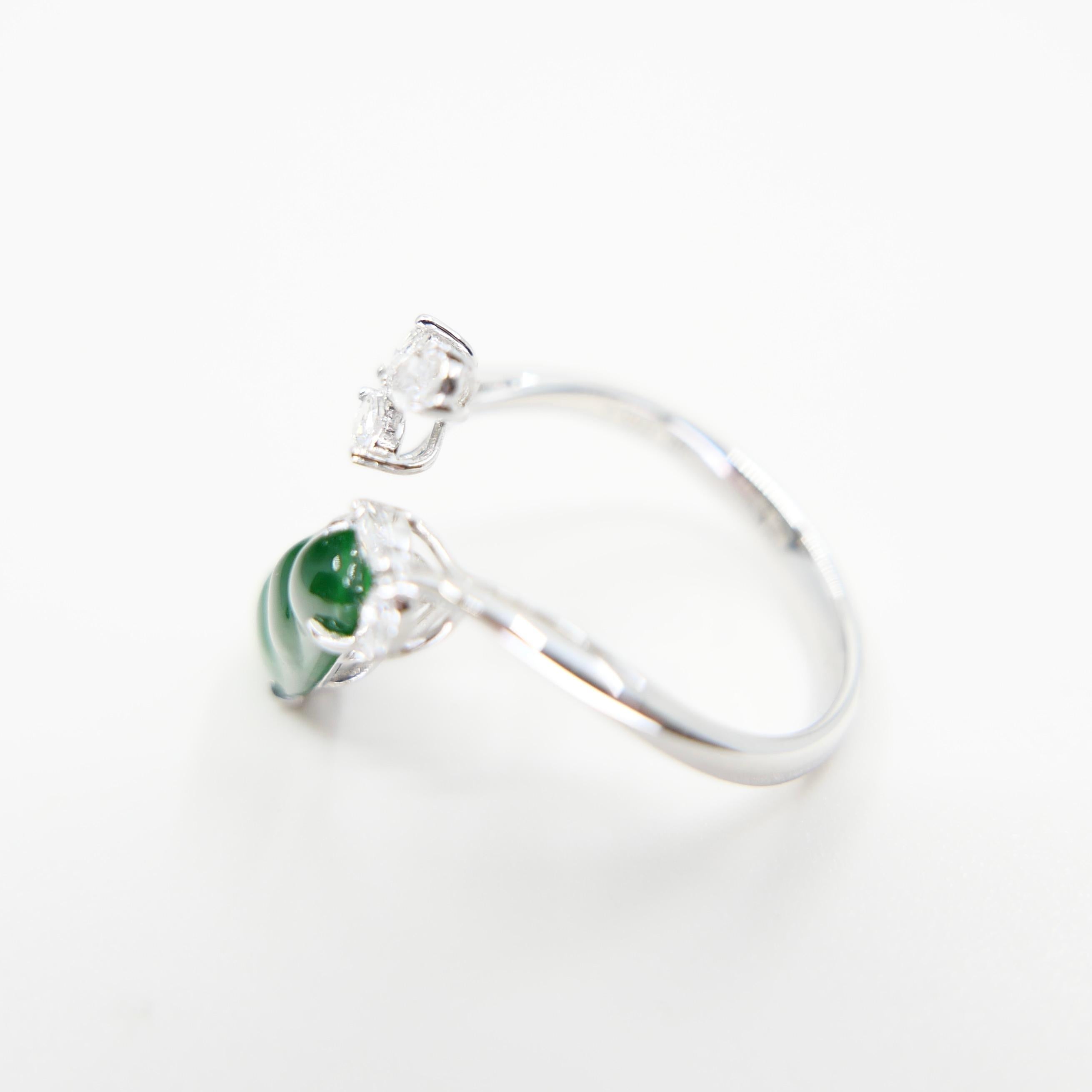 Certified Natural Jade Peapod, & Diamond Cocktail Ring. Best Imperial Green! For Sale 6