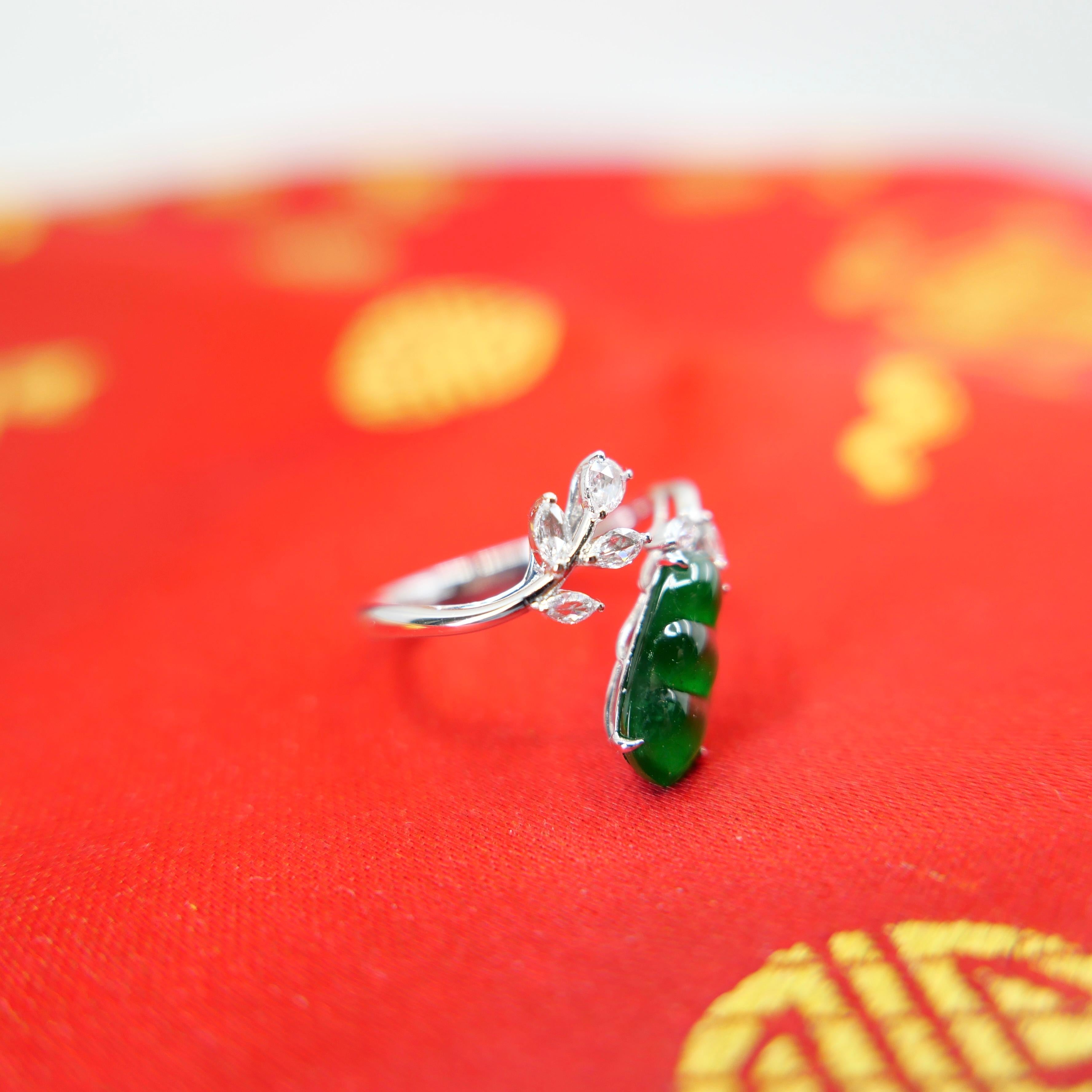 Certified Natural Jade Peapod, & Diamond Cocktail Ring. Best Imperial Green! For Sale 9
