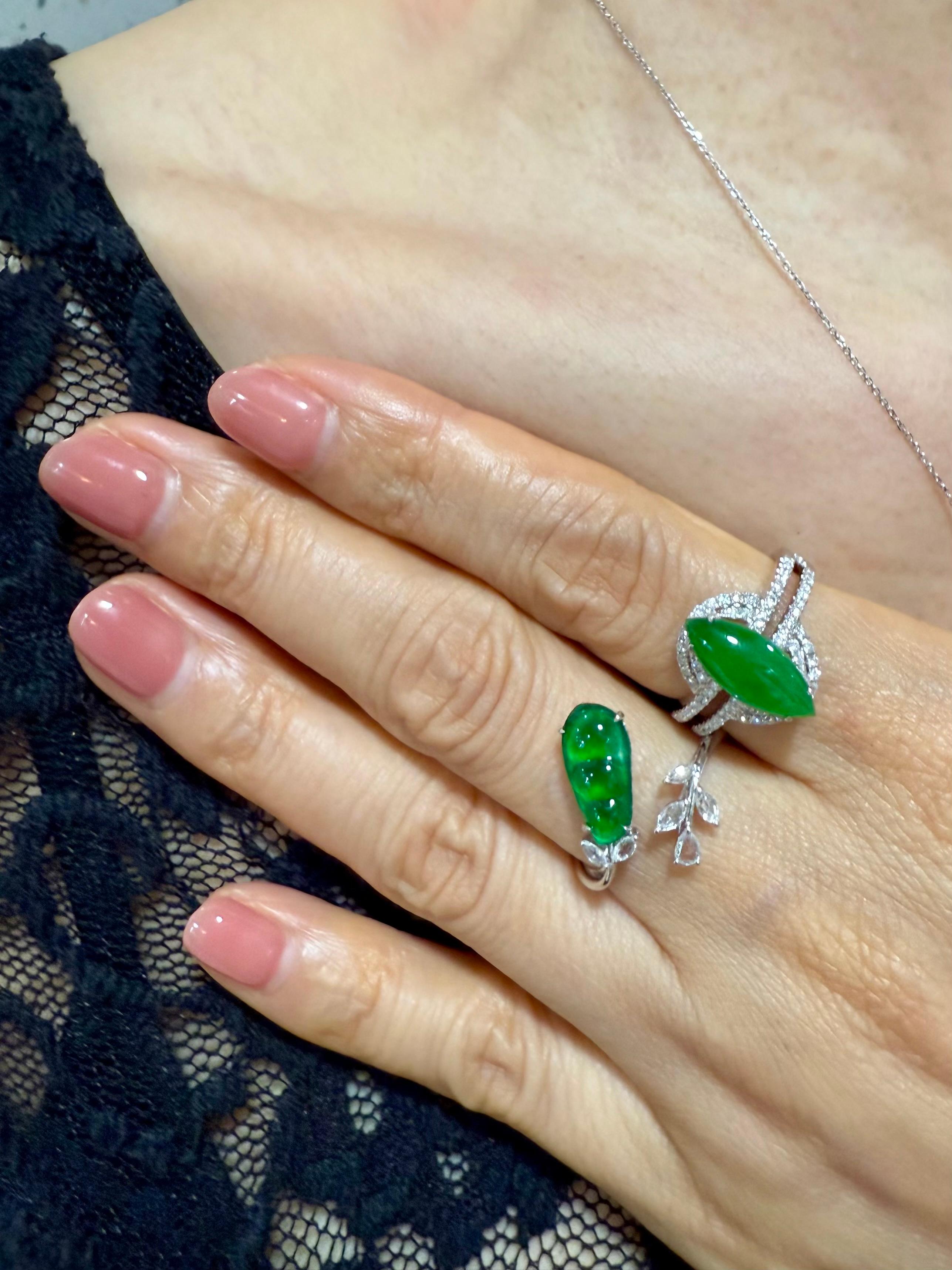 Certified Natural Jade Peapod, & Diamond Cocktail Ring. Best Imperial Green! For Sale 10