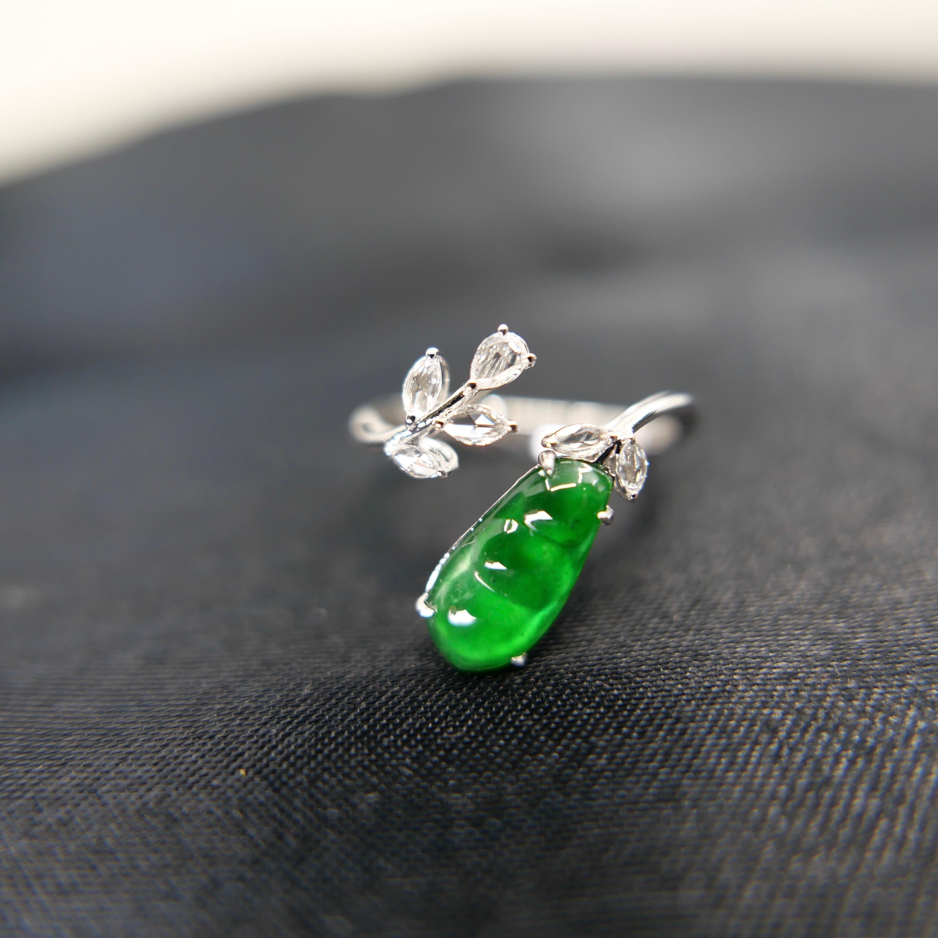 Certified Natural Jade Peapod, & Diamond Cocktail Ring. Best Imperial Green! For Sale 12