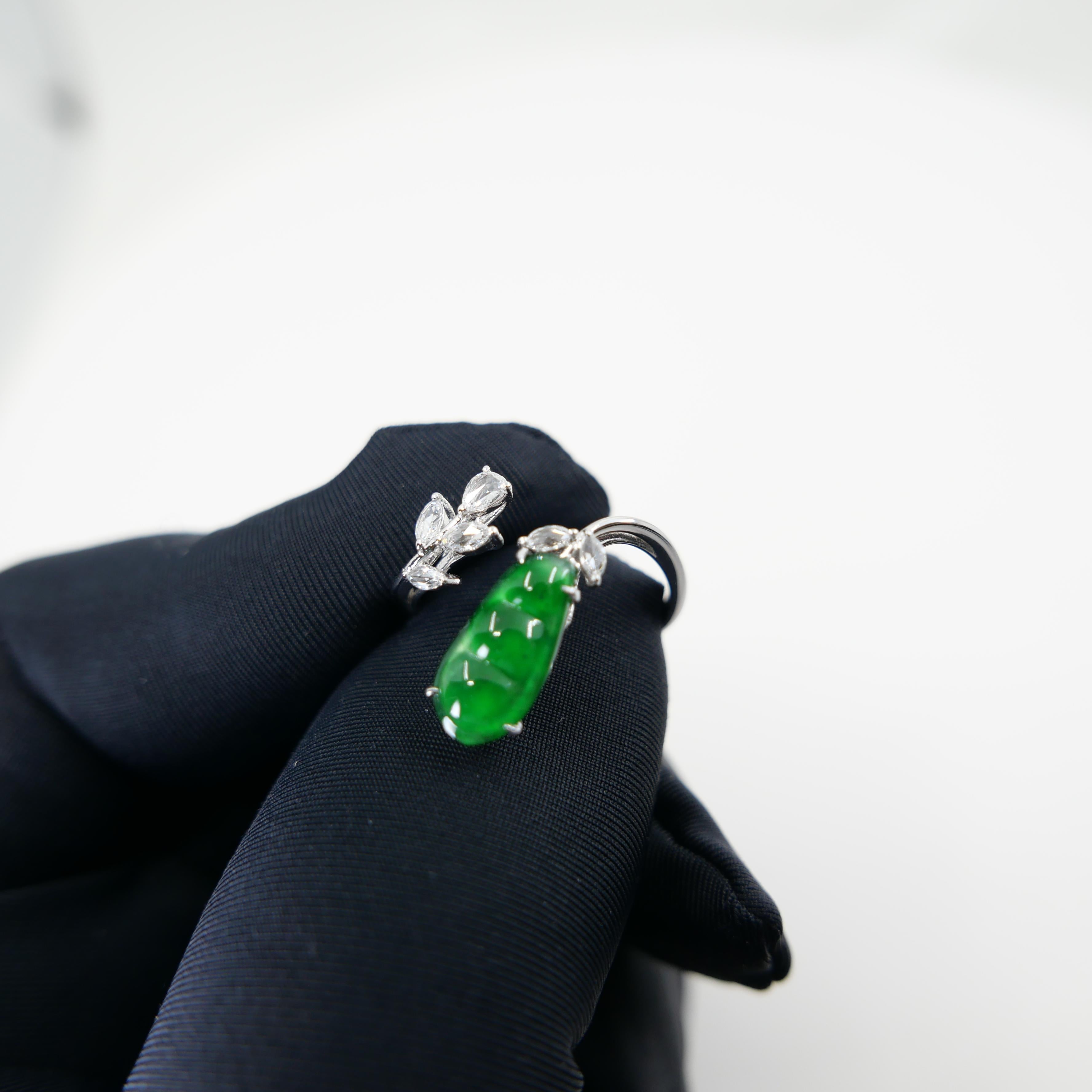Certified Natural Jade Peapod, & Diamond Cocktail Ring. Best Imperial Green! For Sale 14
