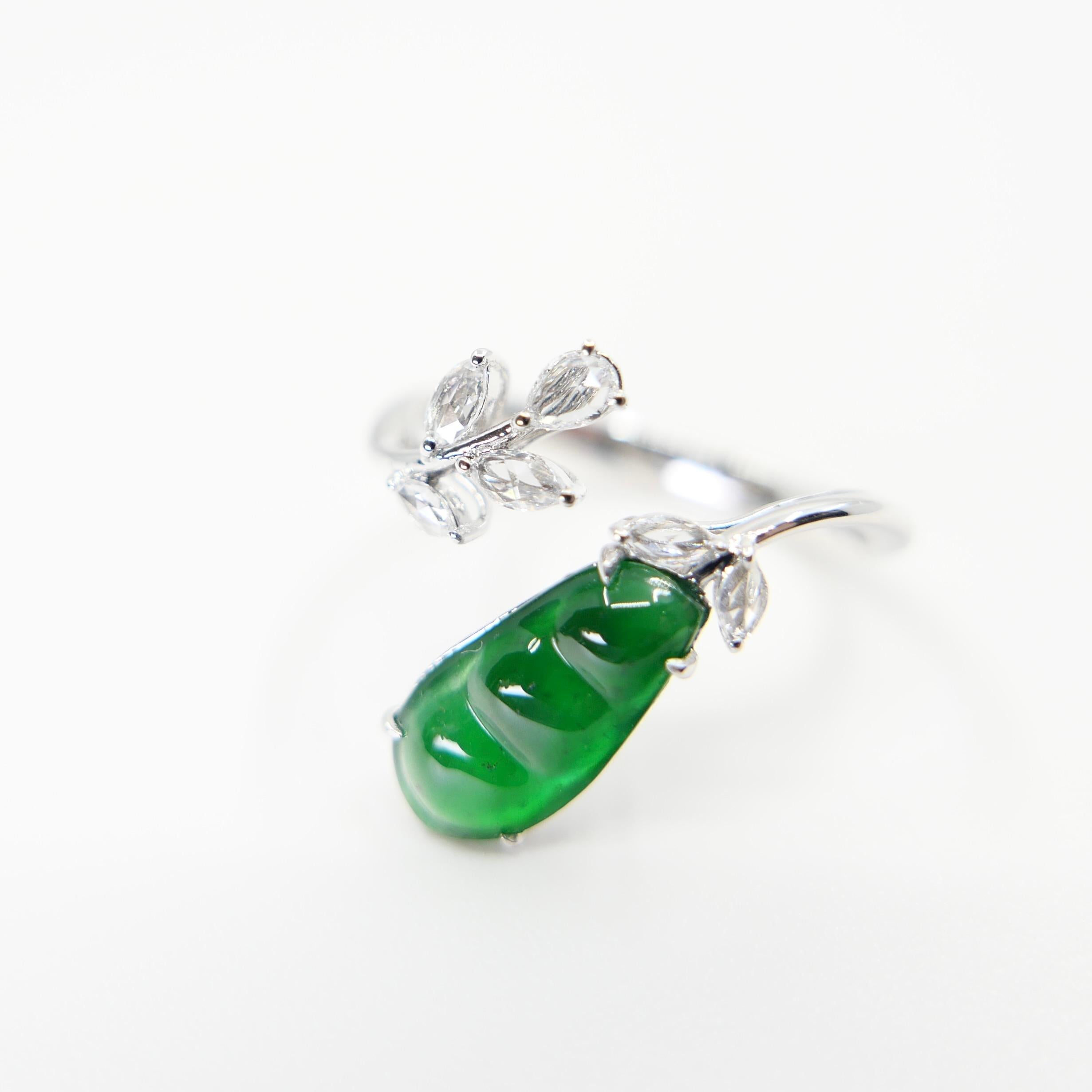 Rough Cut Certified Natural Jade Peapod, & Diamond Cocktail Ring. Best Imperial Green! For Sale