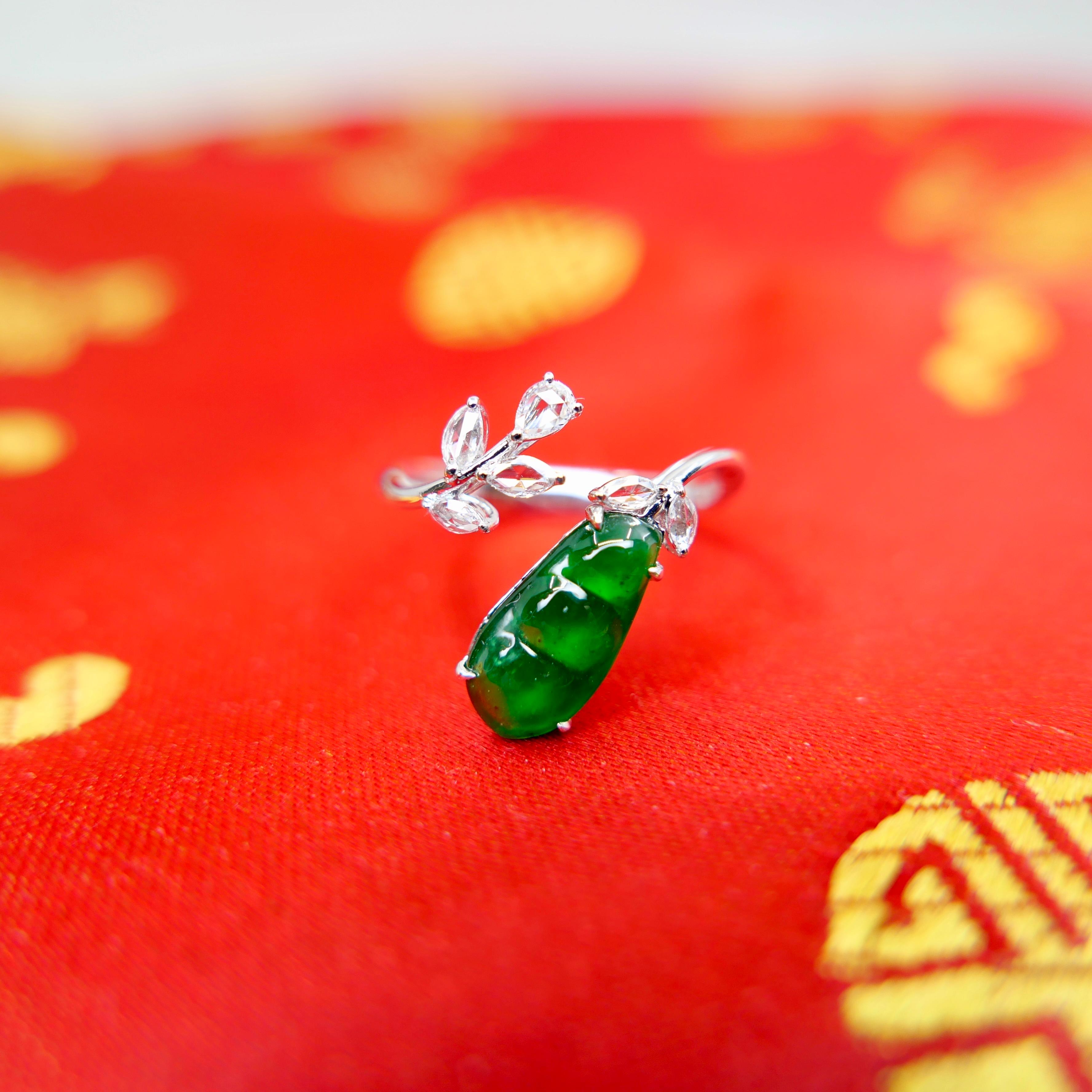 Certified Natural Jade Peapod, & Diamond Cocktail Ring. Best Imperial Green! For Sale 1