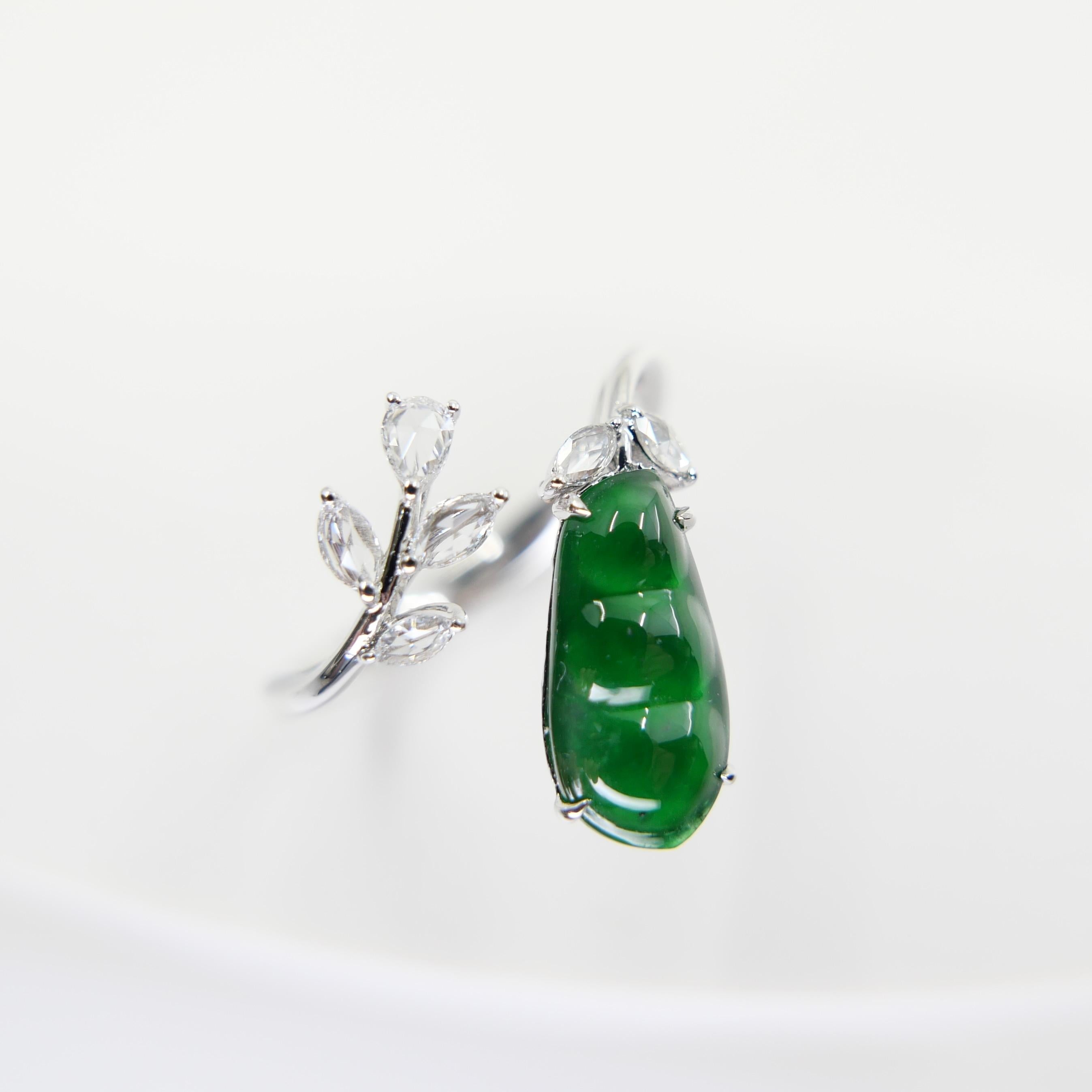 Certified Natural Jade Peapod, & Diamond Cocktail Ring. Best Imperial Green! For Sale 2