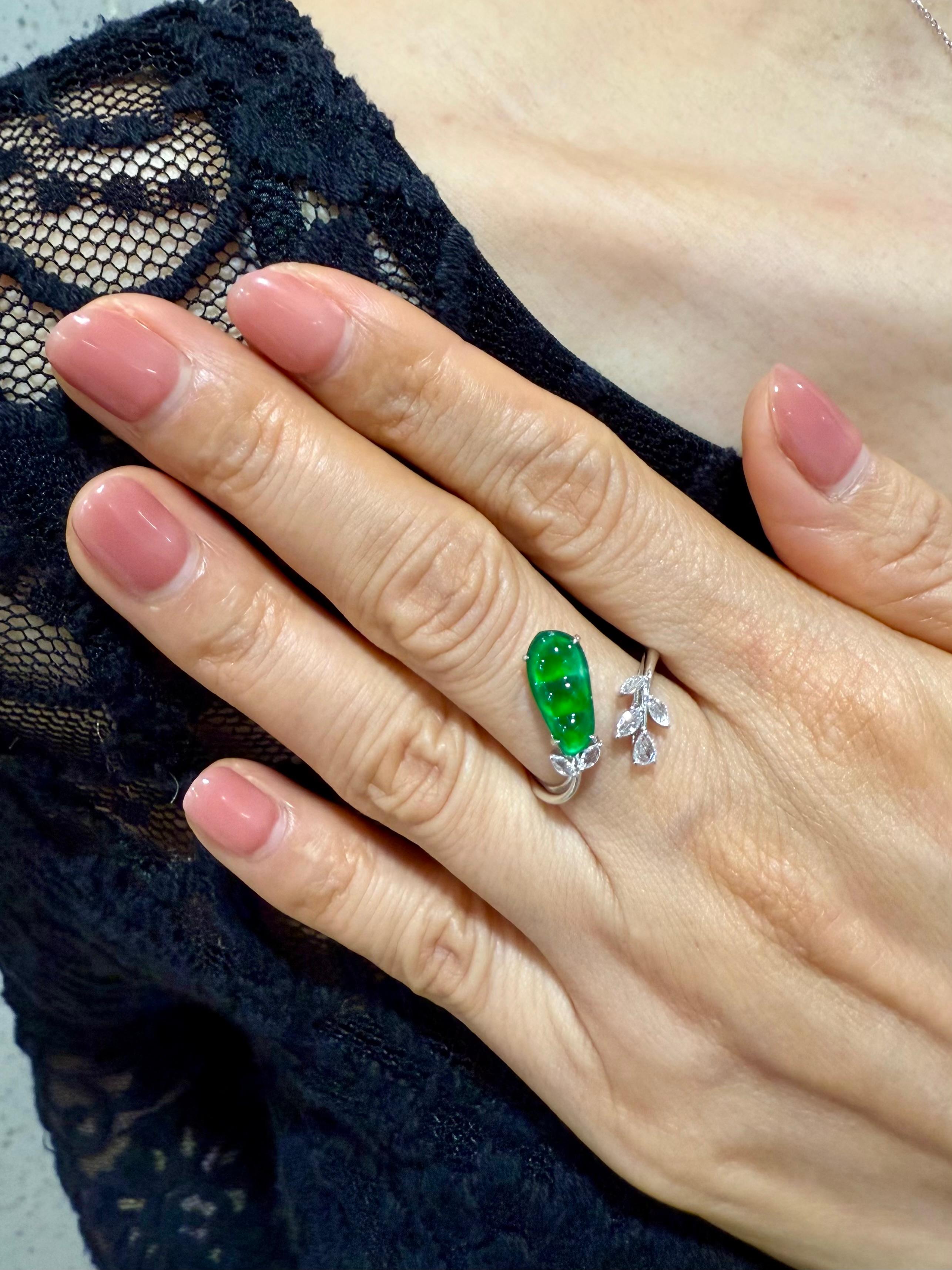 Certified Natural Jade Peapod, & Diamond Cocktail Ring. Best Imperial Green! For Sale 3