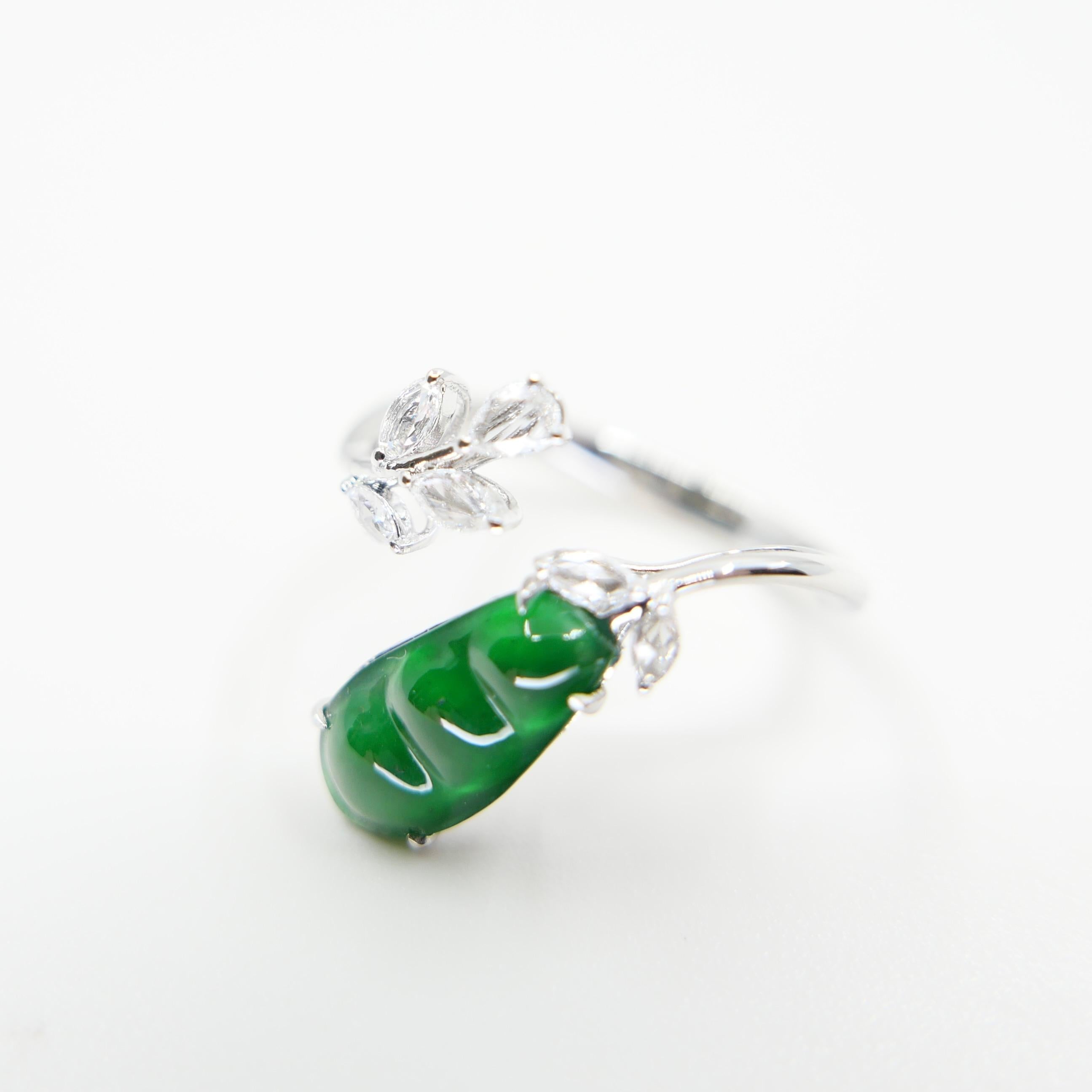 Certified Natural Jade Peapod, & Diamond Cocktail Ring. Best Imperial Green! For Sale 4