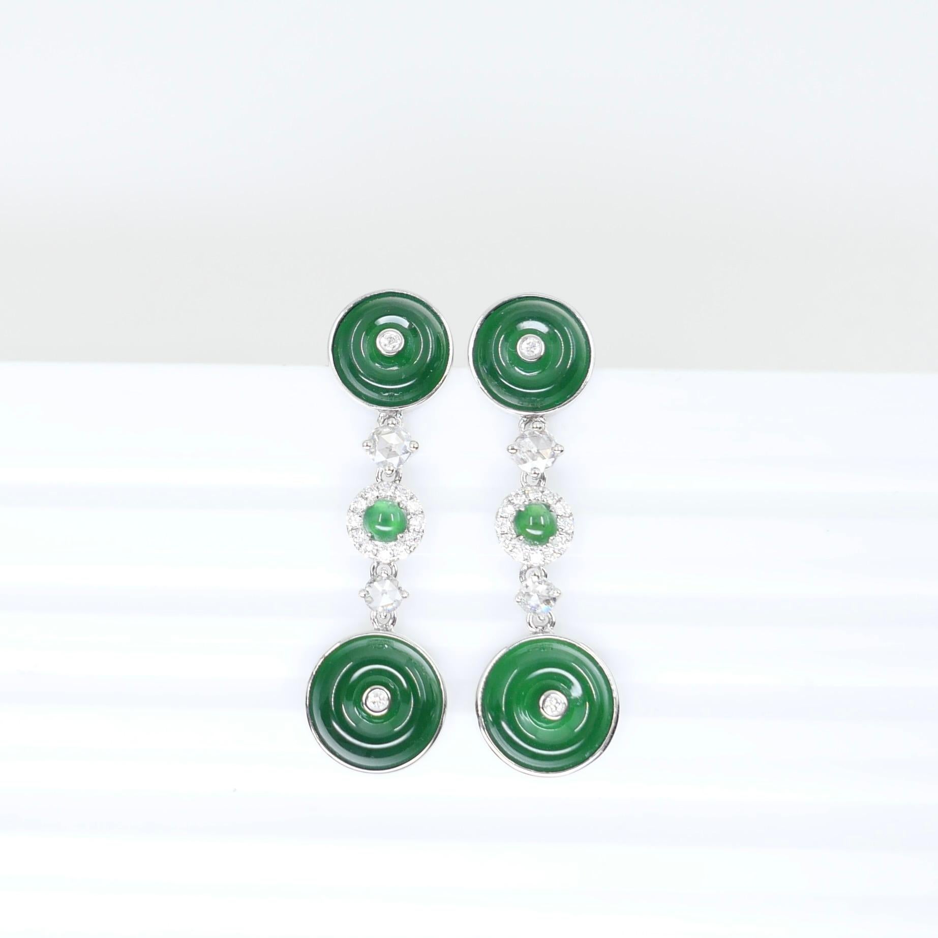 Certified Natural Jade & Rose Cut Diamond Drop Earrings. Imperial Green Color For Sale 5
