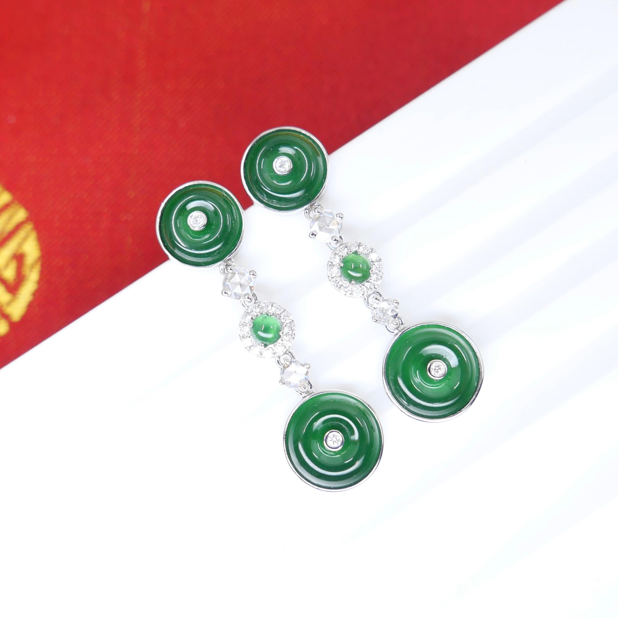 Certified Natural Jade & Rose Cut Diamond Drop Earrings. Imperial Green Color For Sale 6