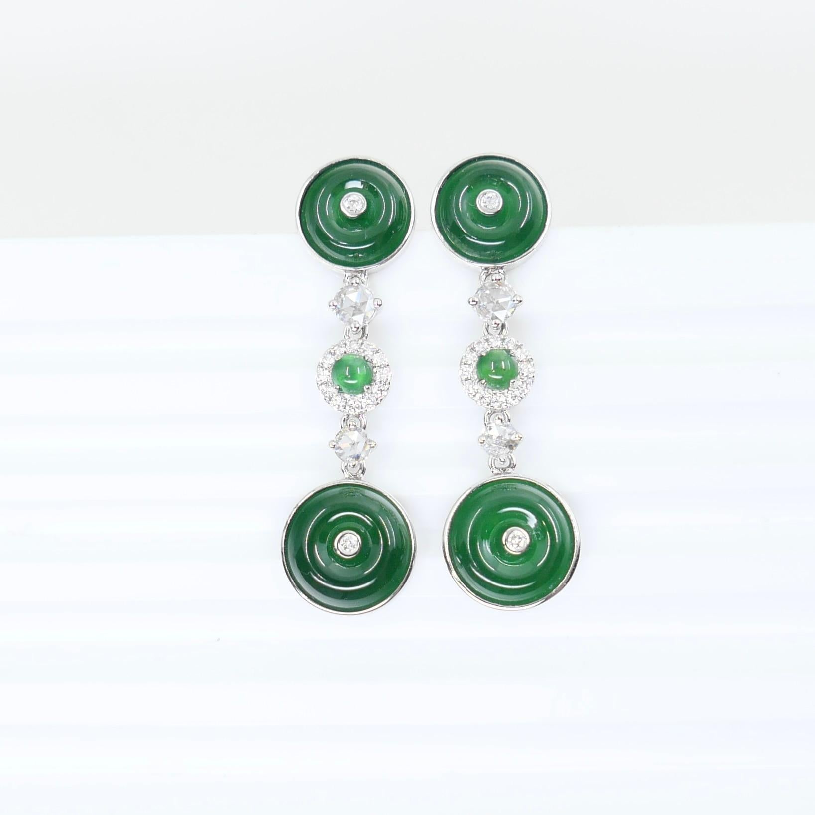 Certified Natural Jade & Rose Cut Diamond Drop Earrings. Imperial Green Color For Sale 7