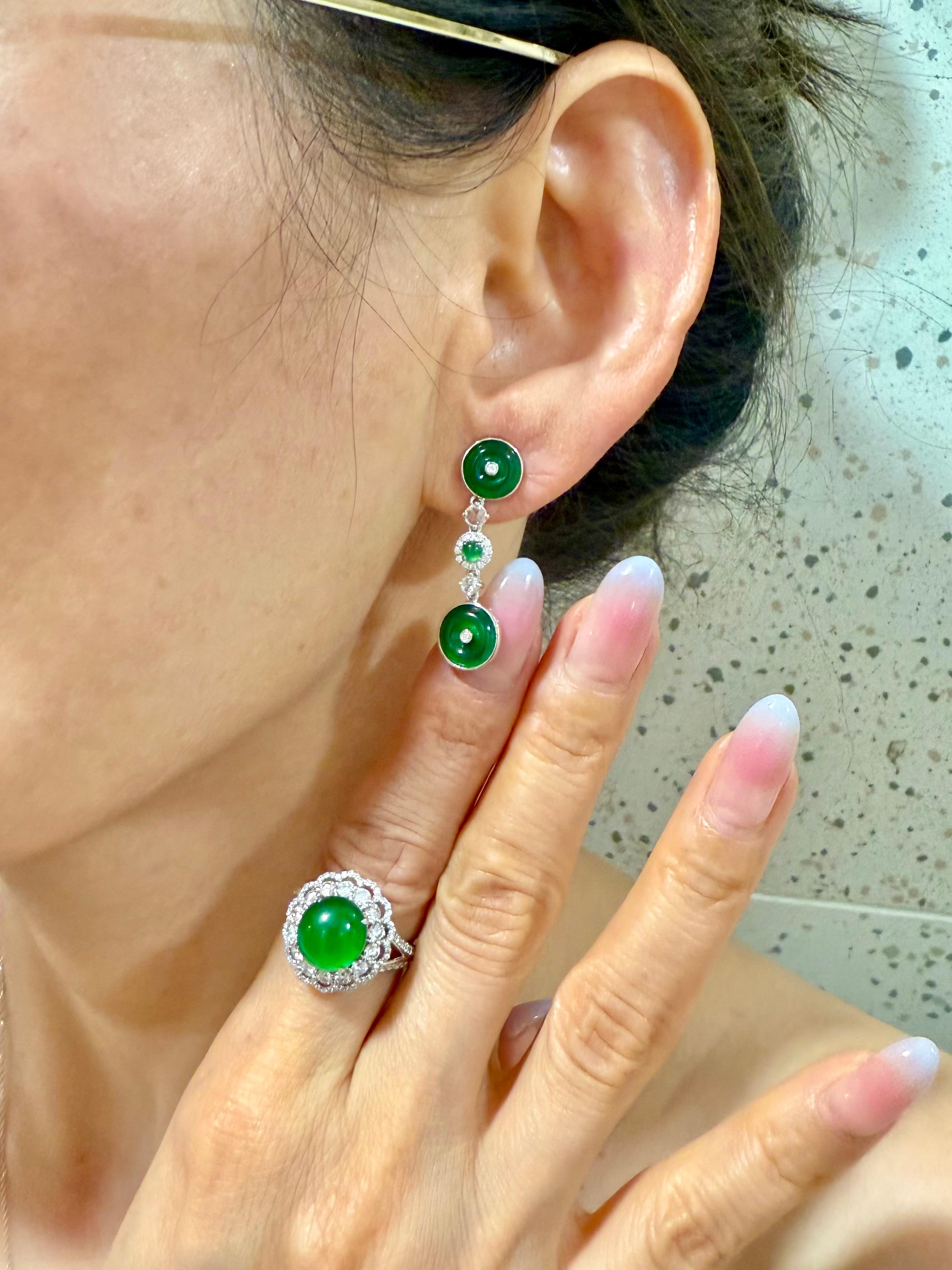 Certified Natural Jade & Rose Cut Diamond Drop Earrings. Imperial Green Color For Sale 8