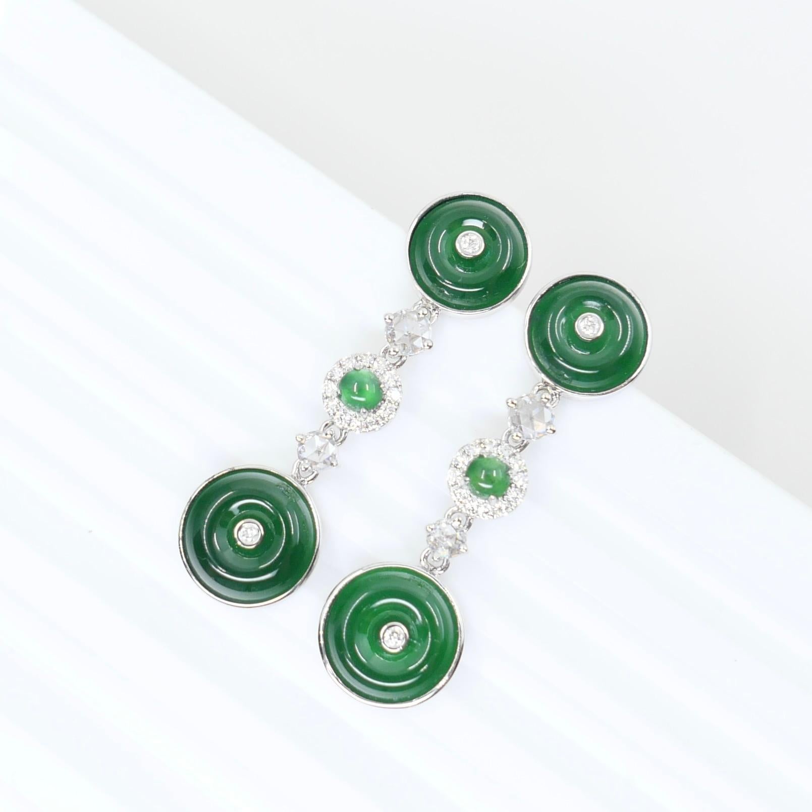 Certified Natural Jade & Rose Cut Diamond Drop Earrings. Imperial Green Color For Sale 9