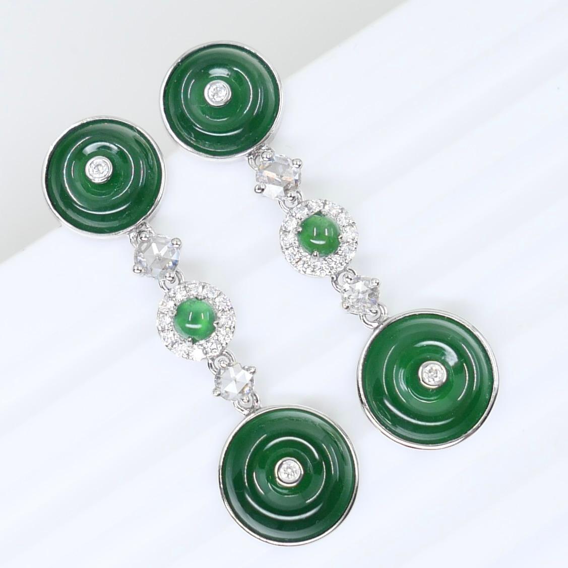 Certified Natural Jade & Rose Cut Diamond Drop Earrings. Imperial Green Color For Sale 10
