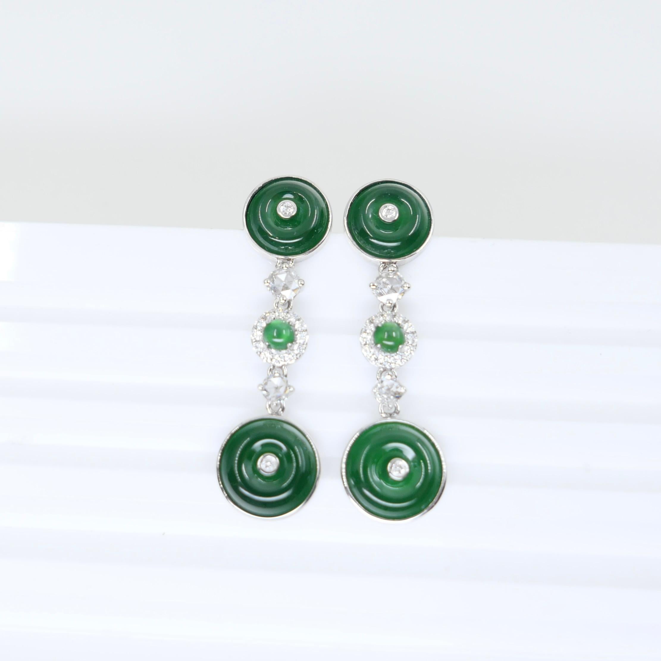Certified Natural Jade & Rose Cut Diamond Drop Earrings. Imperial Green Color For Sale 11