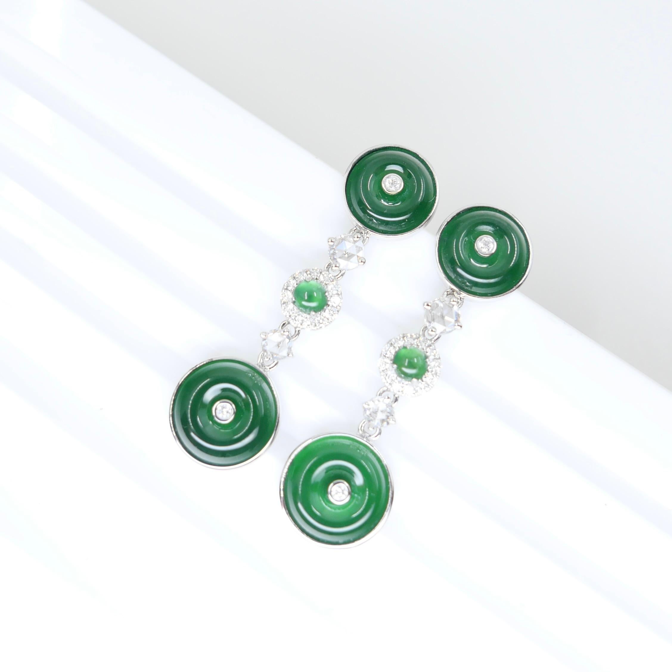 Certified Natural Jade & Rose Cut Diamond Drop Earrings. Imperial Green Color For Sale 12