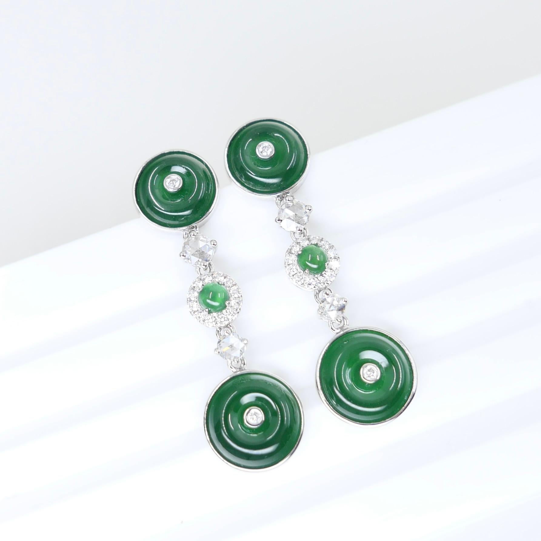 Certified Natural Jade & Rose Cut Diamond Drop Earrings. Imperial Green Color For Sale 13
