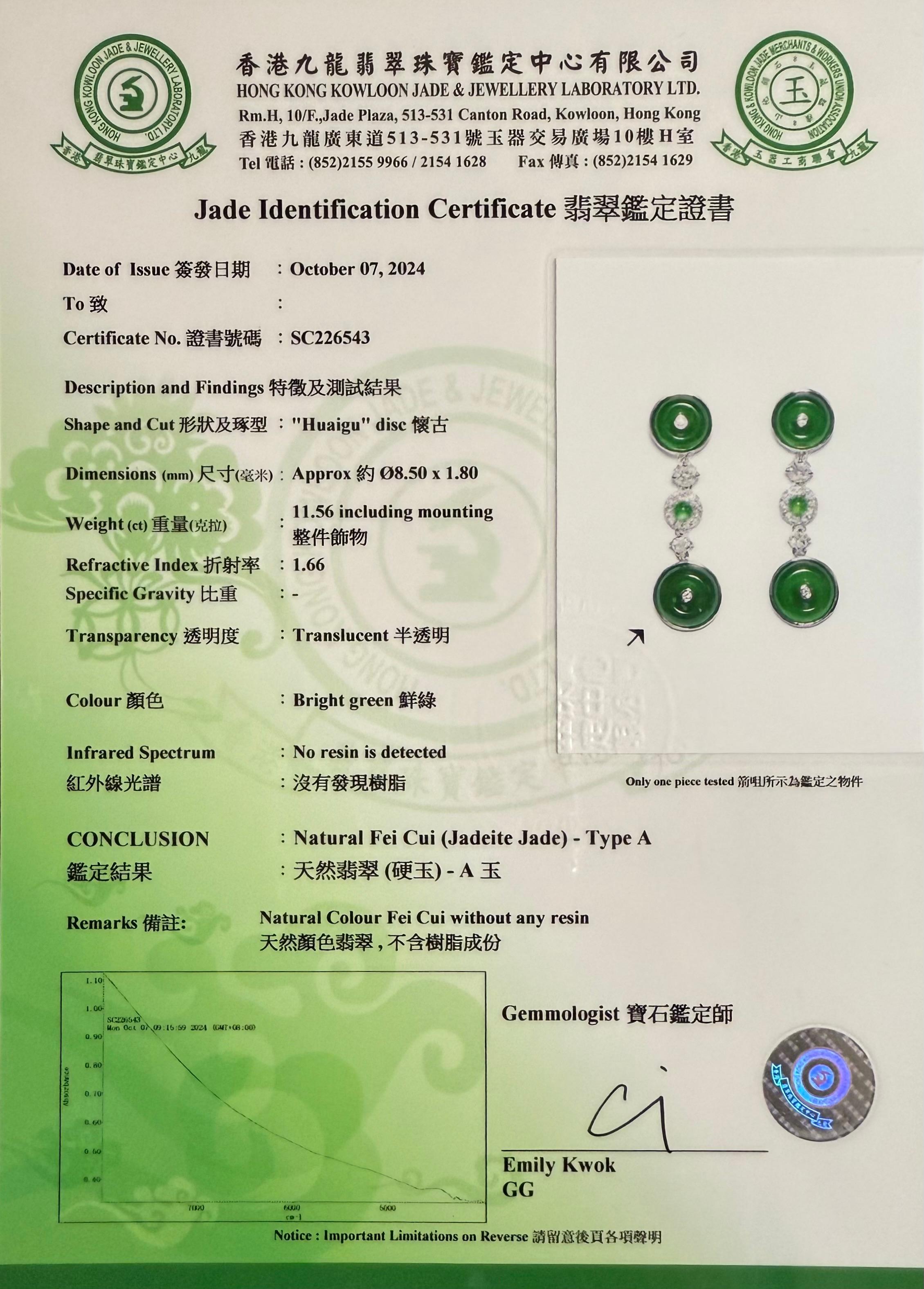 Certified Natural Jade & Rose Cut Diamond Drop Earrings. Imperial Green Color For Sale 15