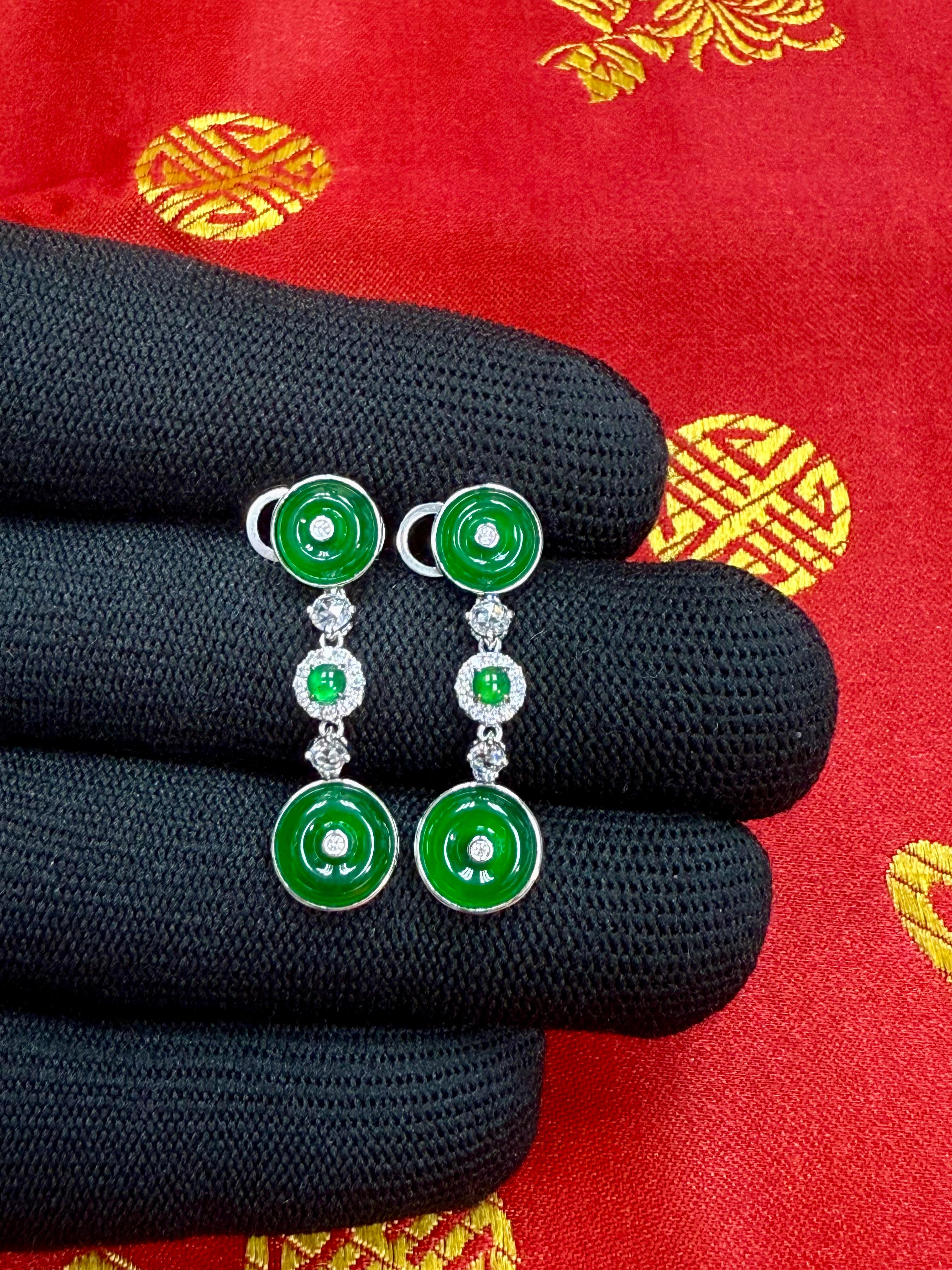 Rough Cut Certified Natural Jade & Rose Cut Diamond Drop Earrings. Imperial Green Color For Sale