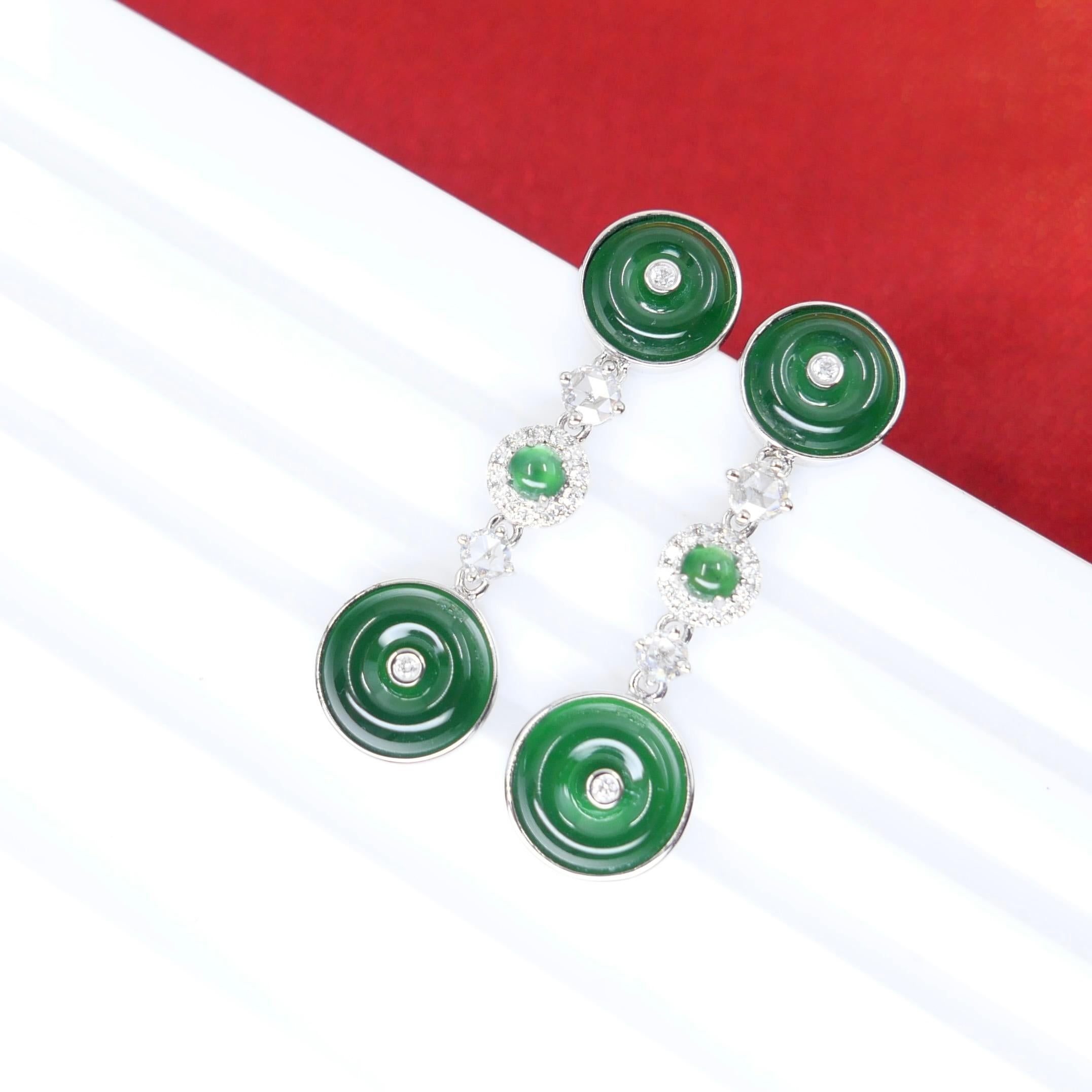 Certified Natural Jade & Rose Cut Diamond Drop Earrings. Imperial Green Color In New Condition For Sale In Hong Kong, HK