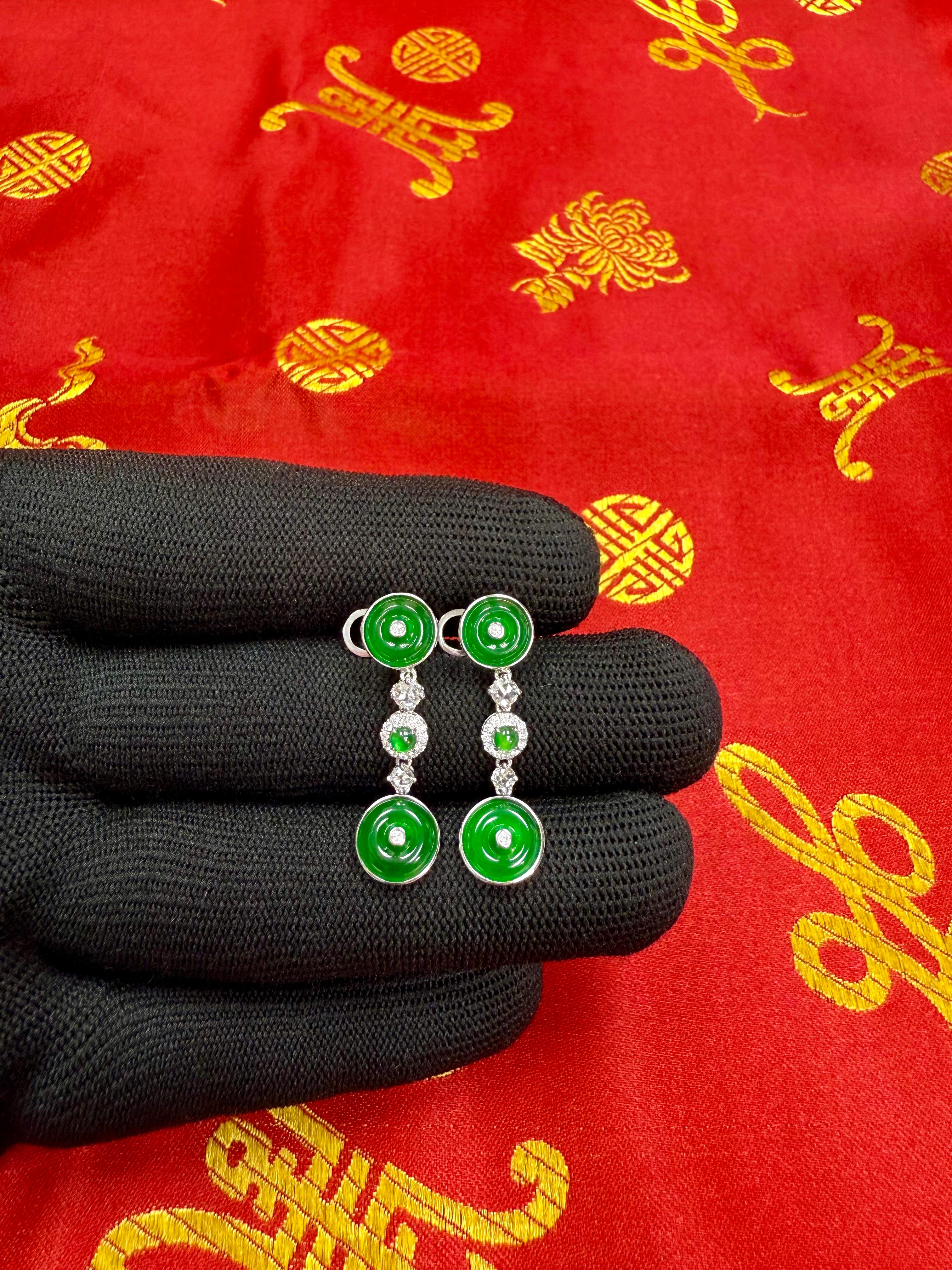 Certified Natural Jade & Rose Cut Diamond Drop Earrings. Imperial Green Color For Sale 2