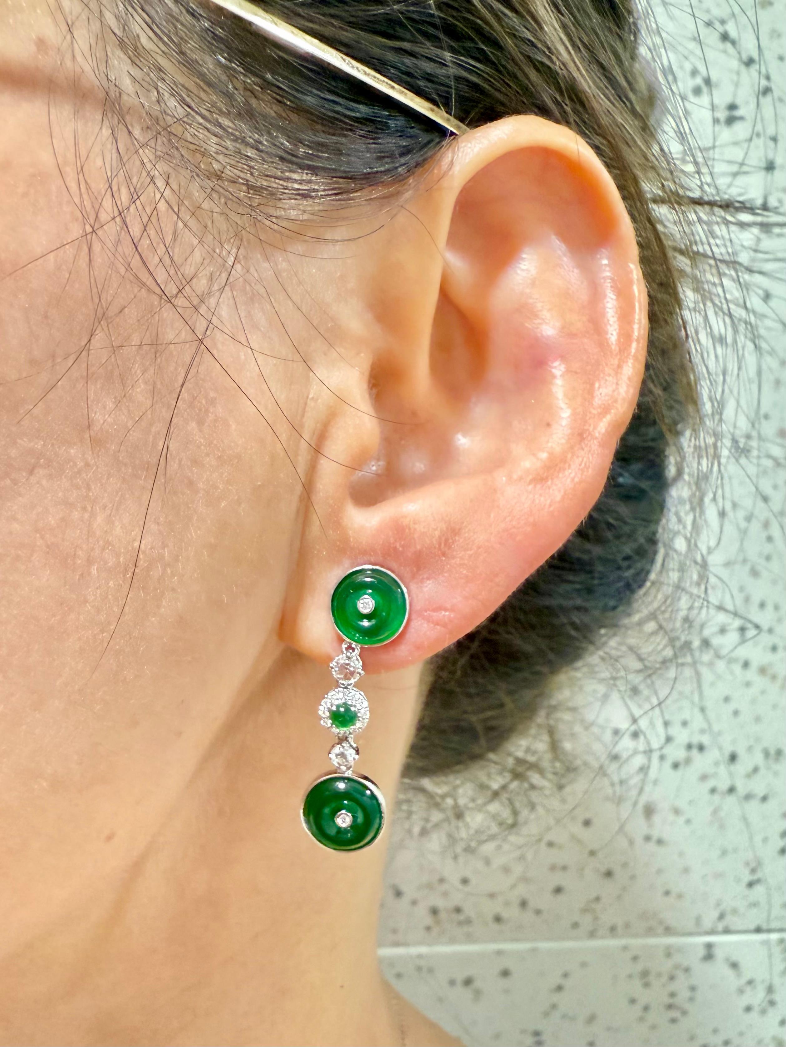 Certified Natural Jade & Rose Cut Diamond Drop Earrings. Imperial Green Color For Sale 3