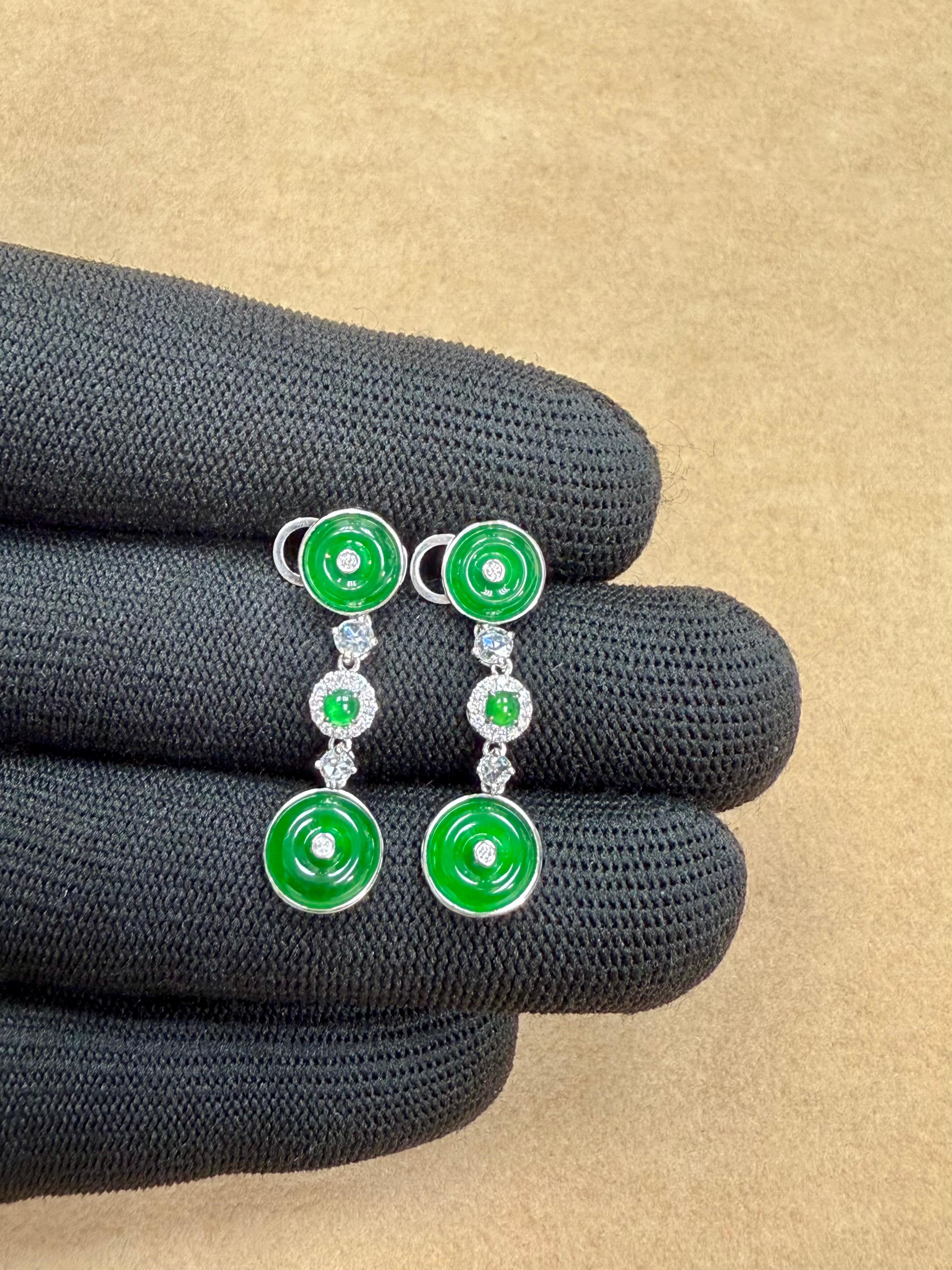 Certified Natural Jade & Rose Cut Diamond Drop Earrings. Imperial Green Color For Sale 4
