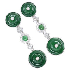 Certified Natural Jade & Rose Cut Diamond Drop Earrings. Imperial Green Color
