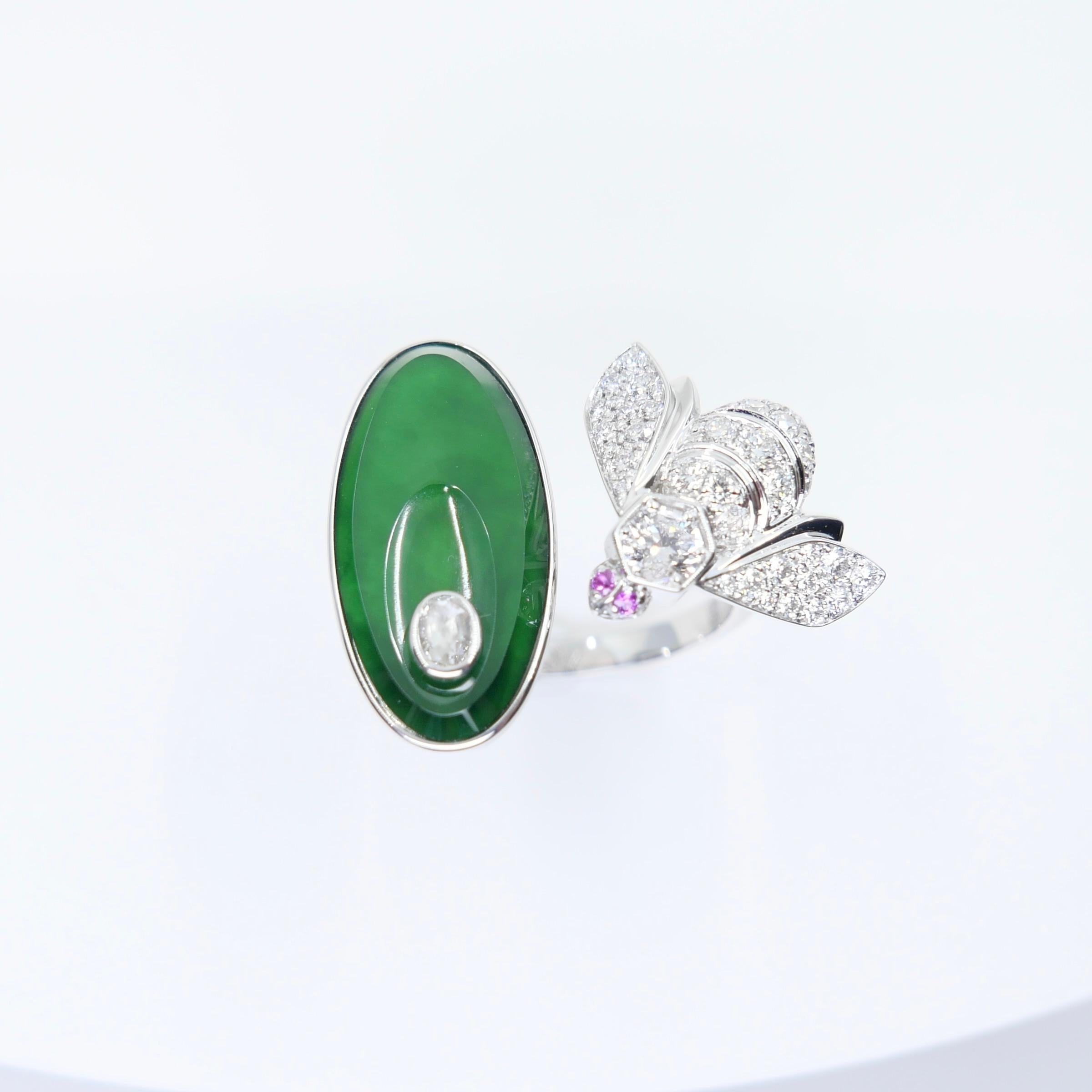 Certified Natural Jade, Rubies & Diamond Bee Cocktail Ring. Best Imperial Green! For Sale 5