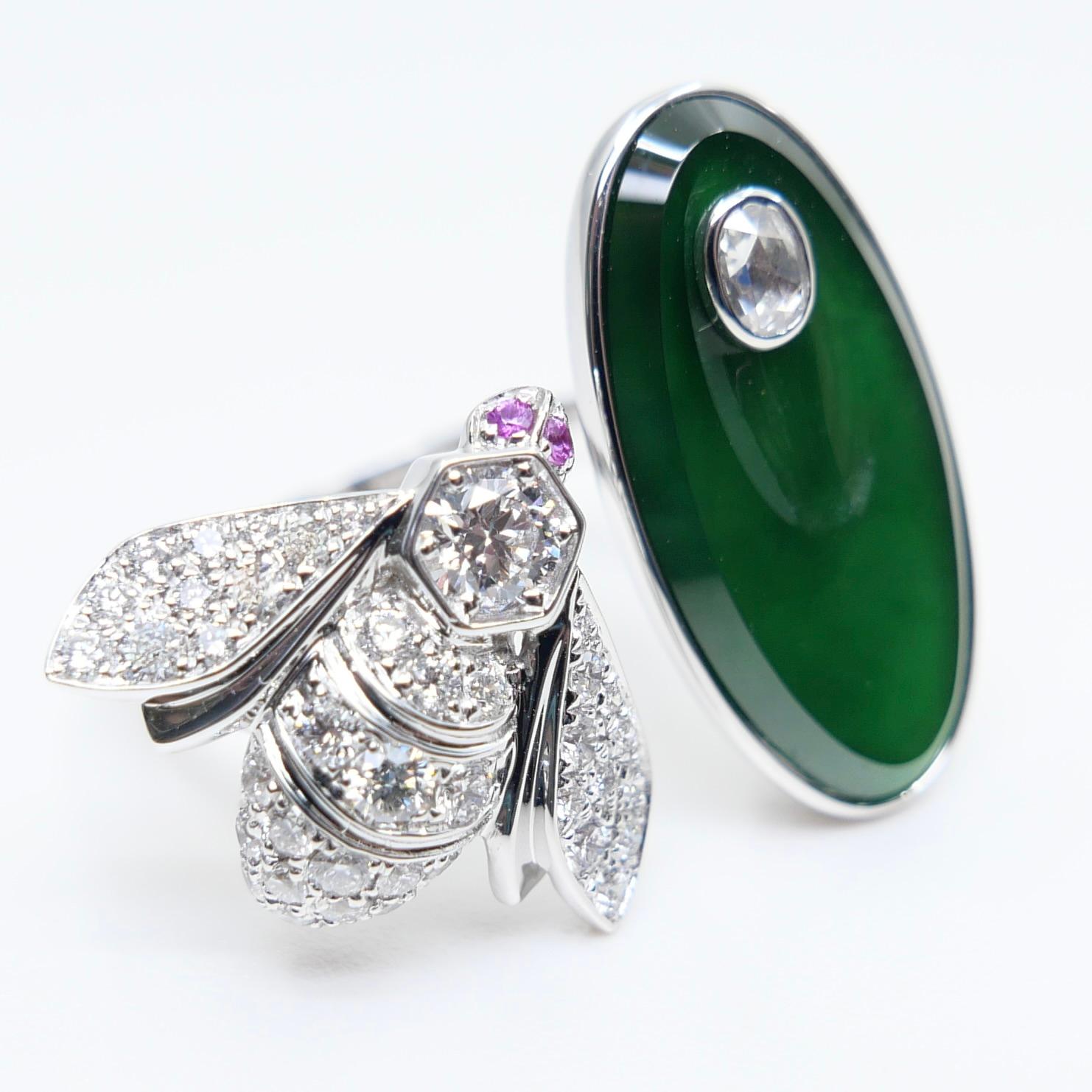 Certified Natural Jade, Rubies & Diamond Bee Cocktail Ring. Best Imperial Green! For Sale 6