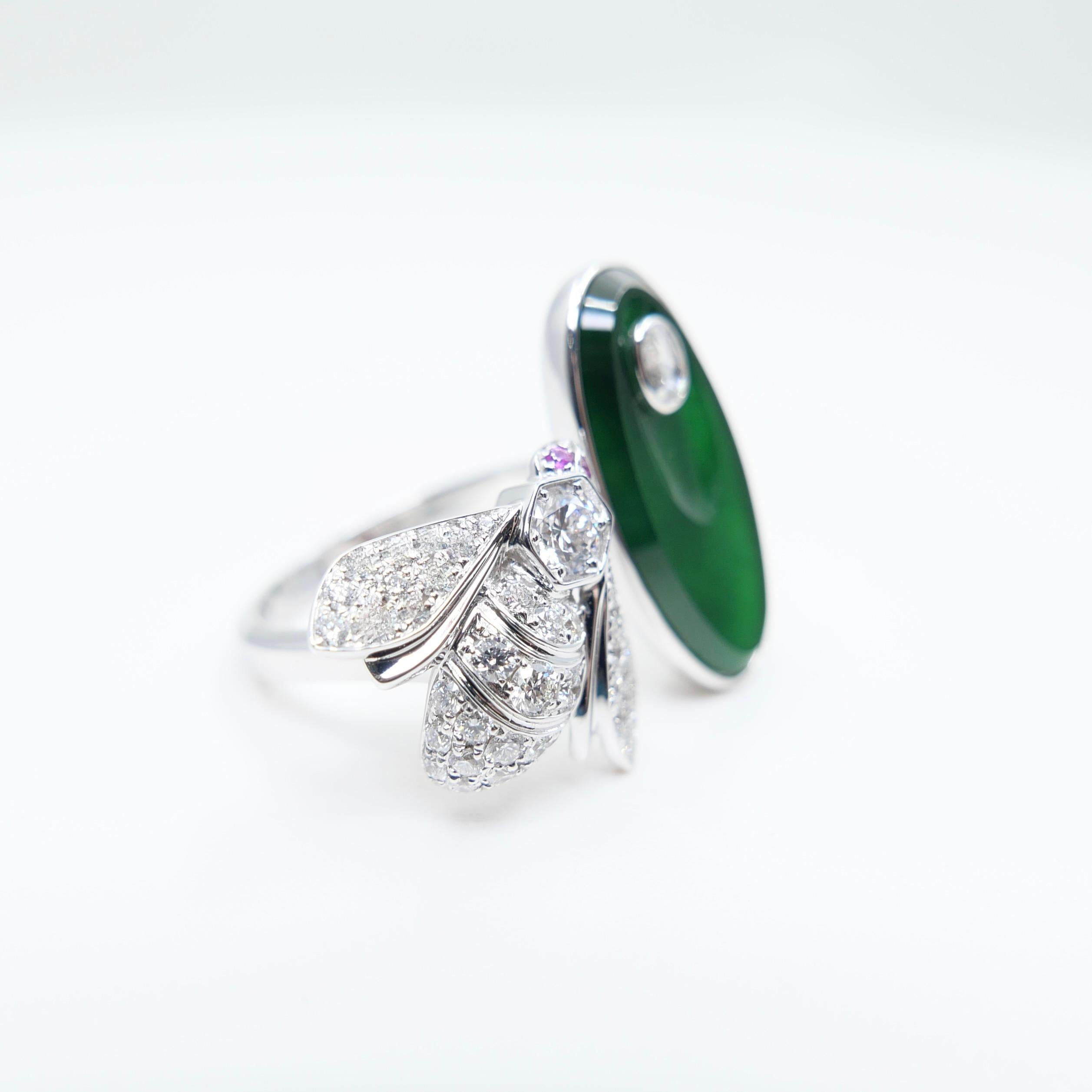 Certified Natural Jade, Rubies & Diamond Bee Cocktail Ring. Best Imperial Green! For Sale 8