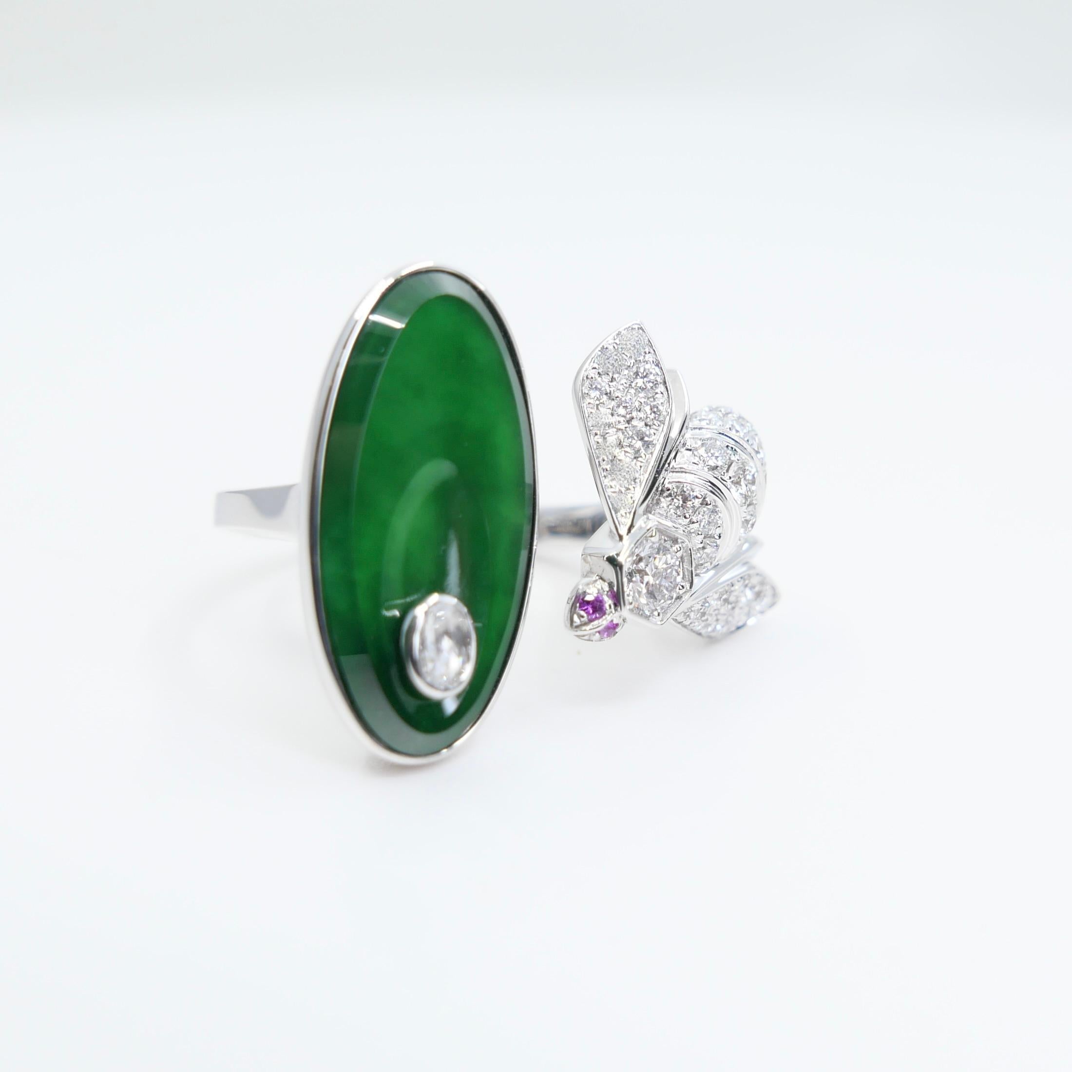 Certified Natural Jade, Rubies & Diamond Bee Cocktail Ring. Best Imperial Green! For Sale 9