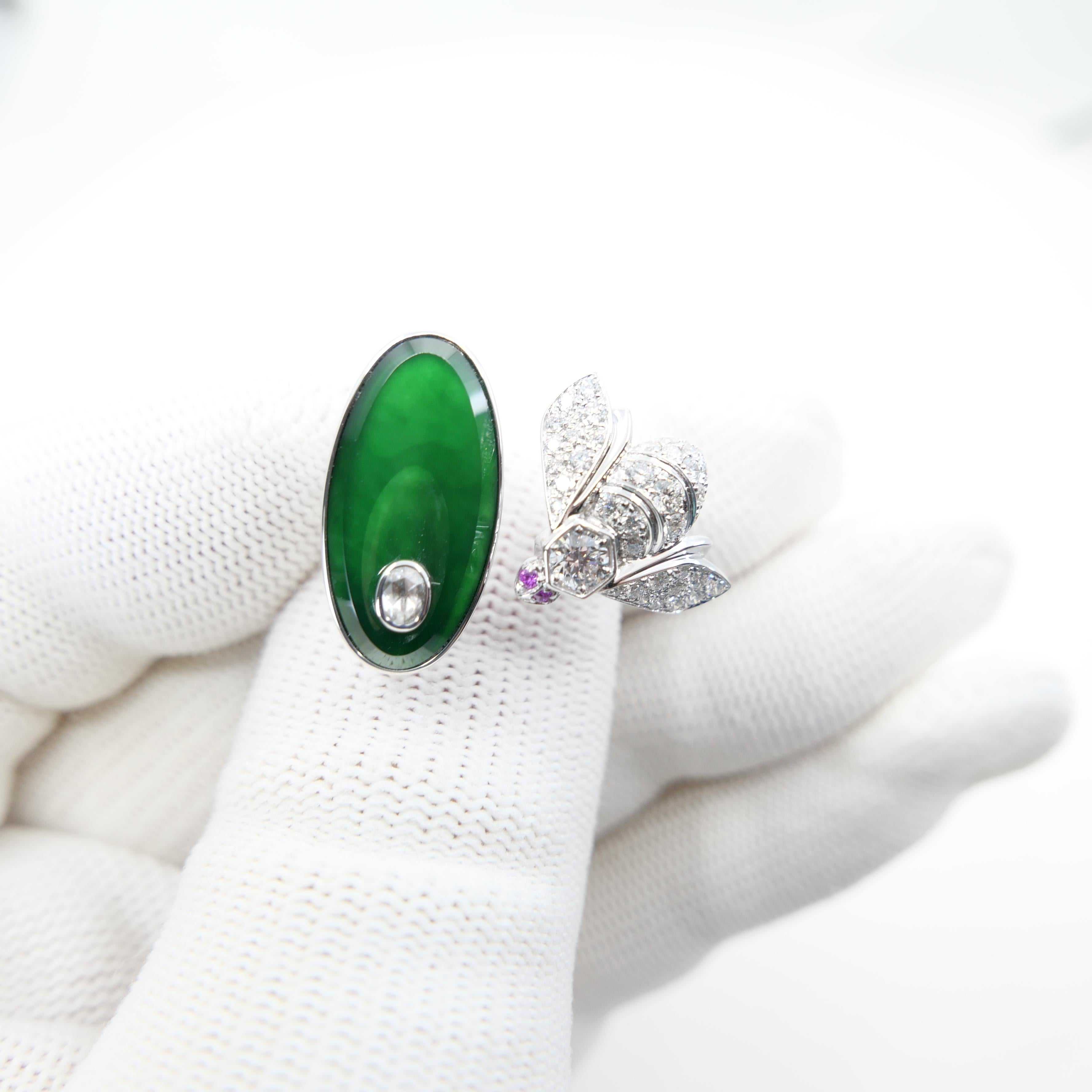 Certified Natural Jade, Rubies & Diamond Bee Cocktail Ring. Best Imperial Green! For Sale 11