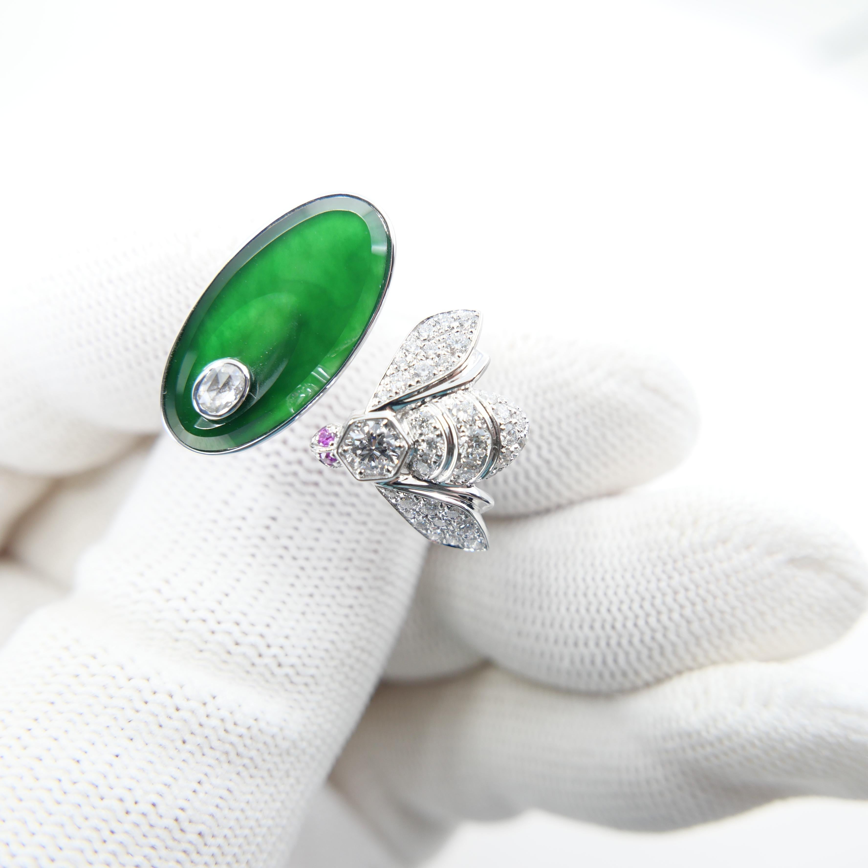Certified Natural Jade, Rubies & Diamond Bee Cocktail Ring. Best Imperial Green! For Sale 12
