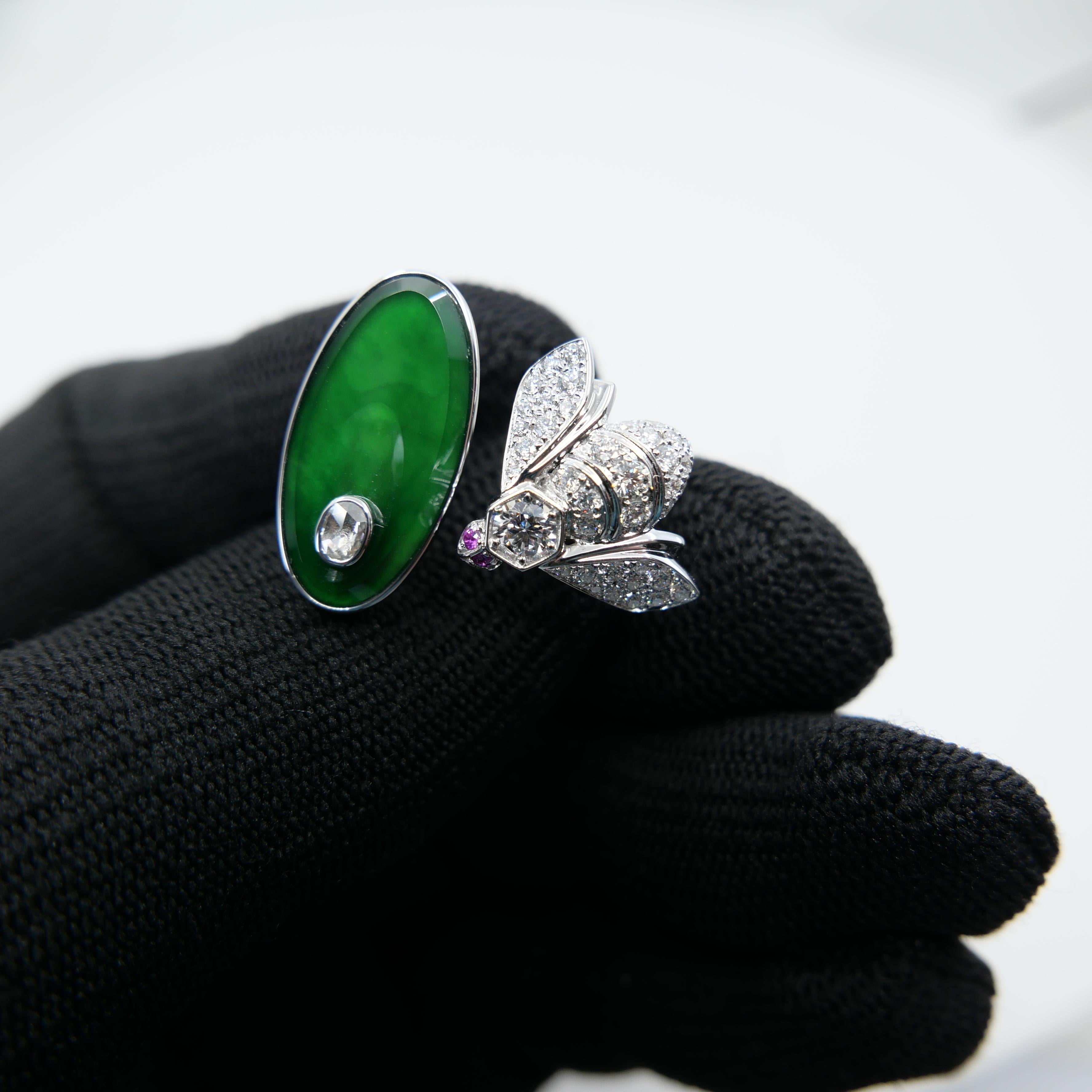Certified Natural Jade, Rubies & Diamond Bee Cocktail Ring. Best Imperial Green! For Sale 13