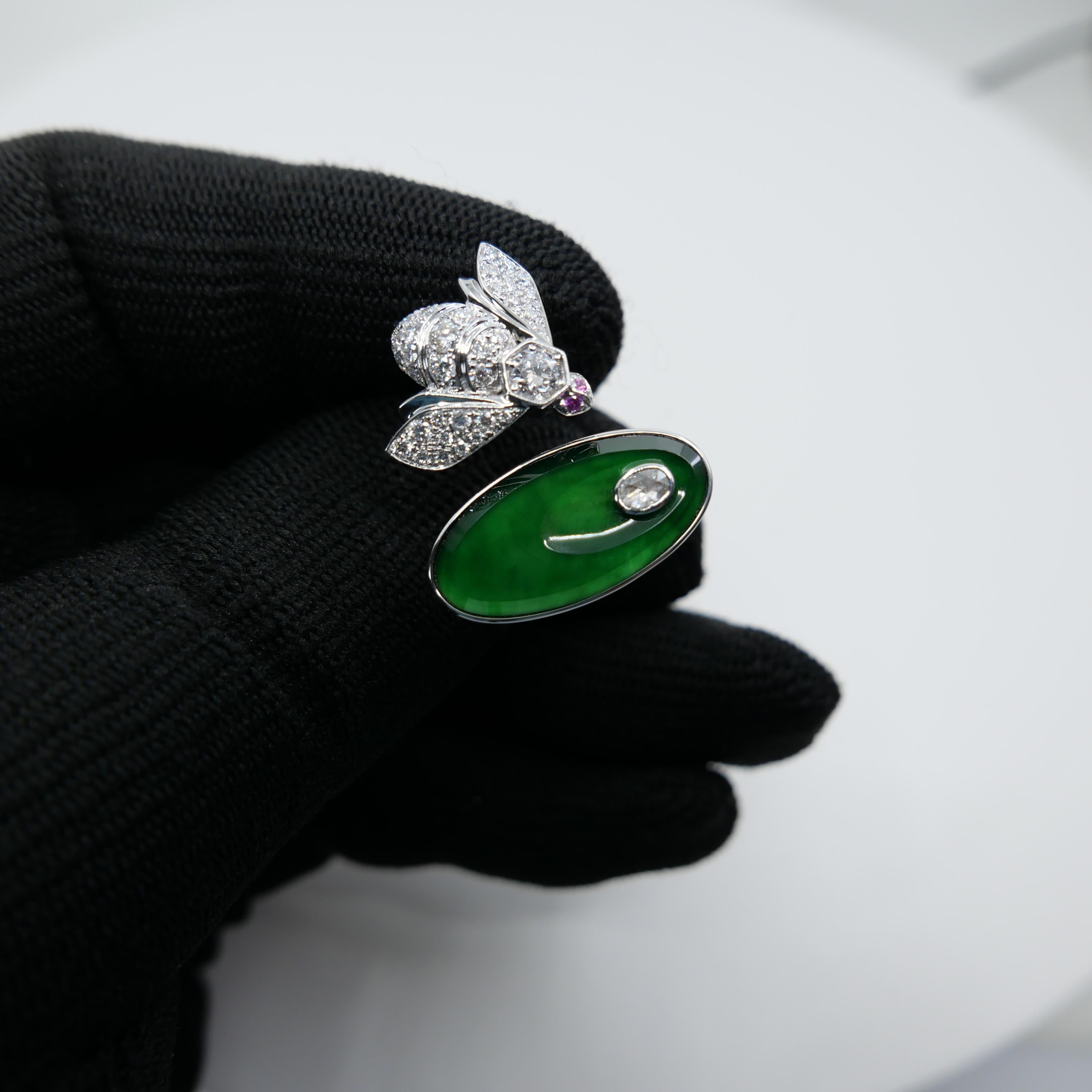 Certified Natural Jade, Rubies & Diamond Bee Cocktail Ring. Best Imperial Green! For Sale 14
