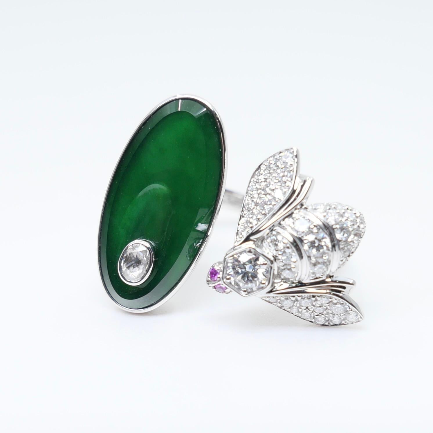 Oval Cut Certified Natural Jade, Rubies & Diamond Bee Cocktail Ring. Best Imperial Green! For Sale