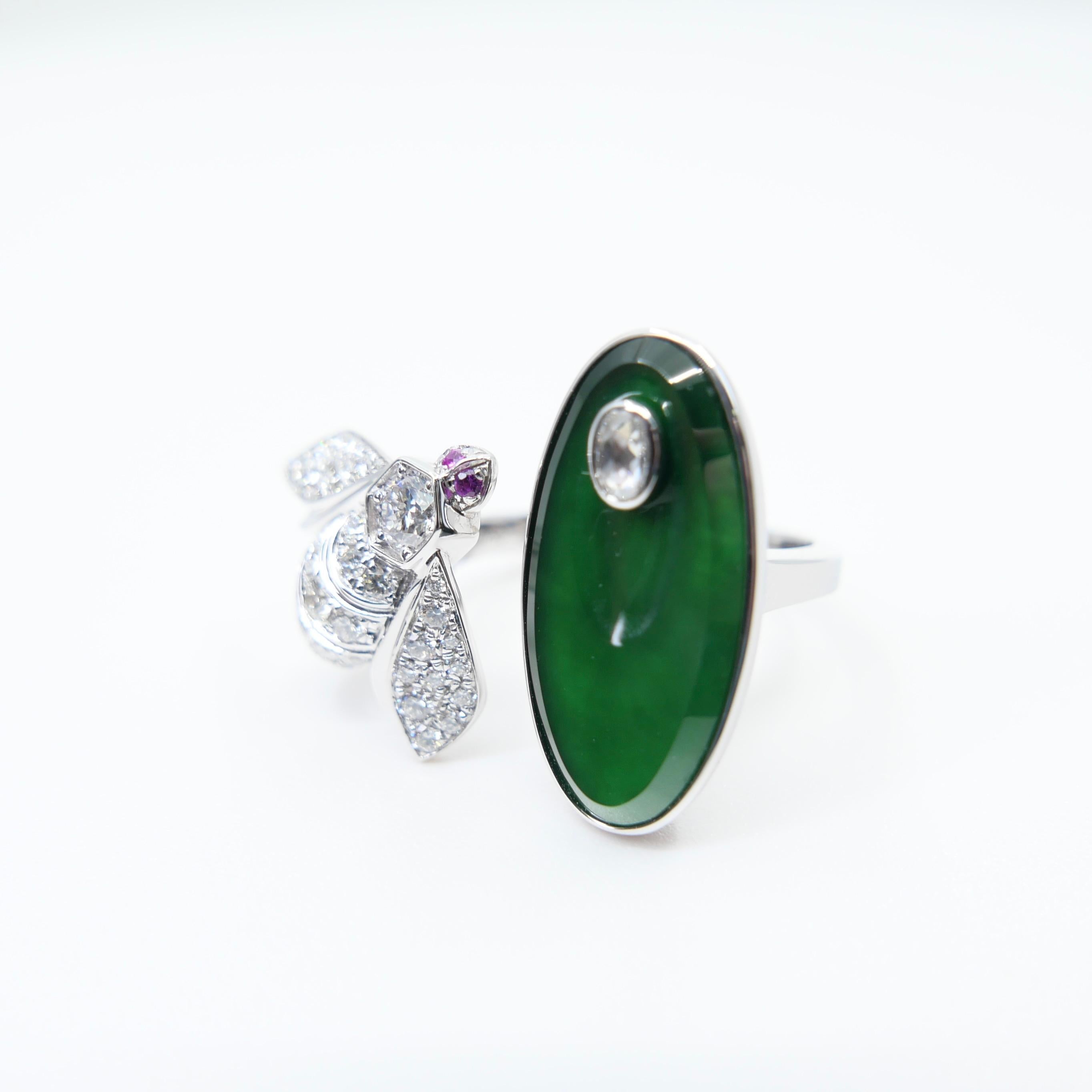 Certified Natural Jade, Rubies & Diamond Bee Cocktail Ring. Best Imperial Green! In New Condition For Sale In Hong Kong, HK