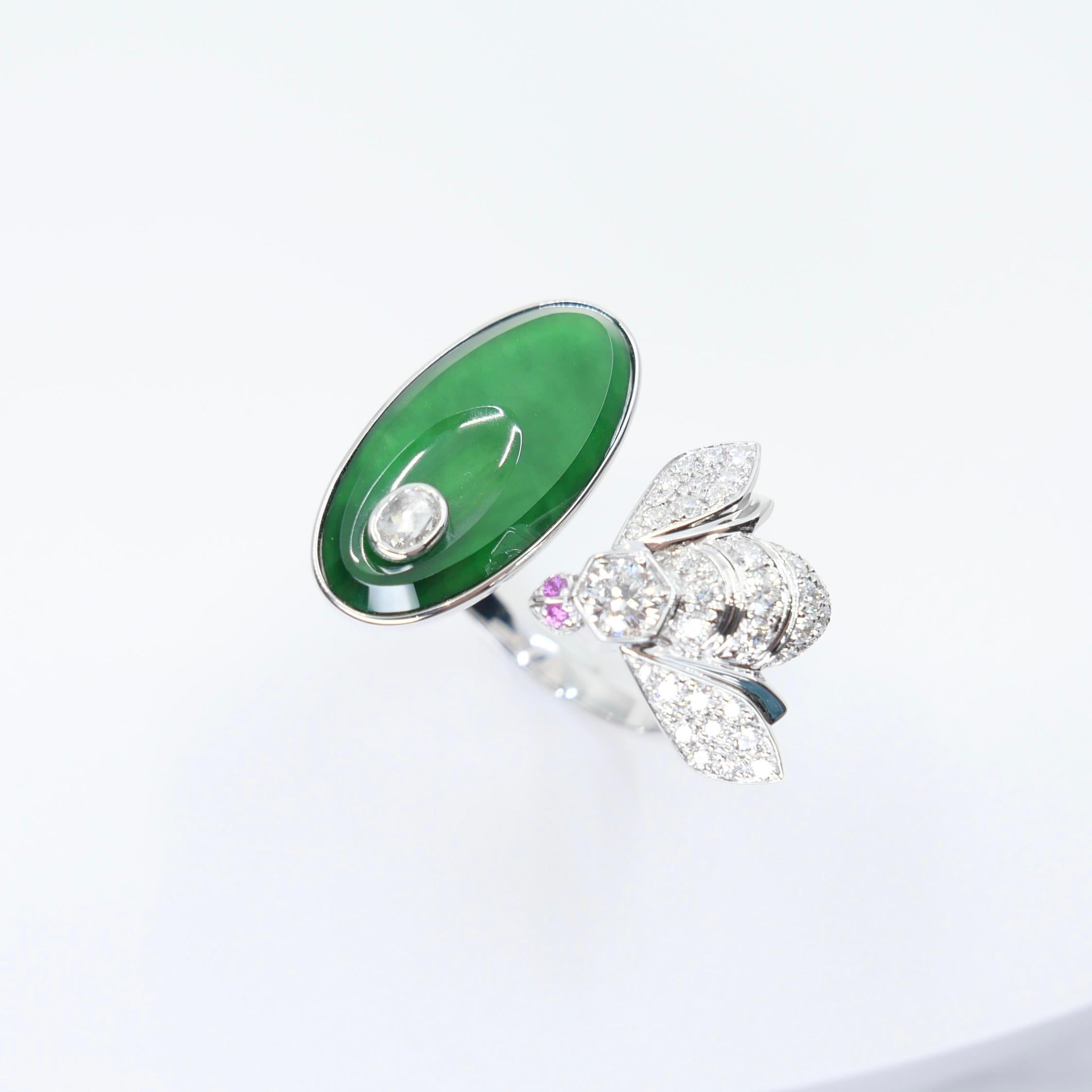 Certified Natural Jade, Rubies & Diamond Bee Cocktail Ring. Best Imperial Green! For Sale 1