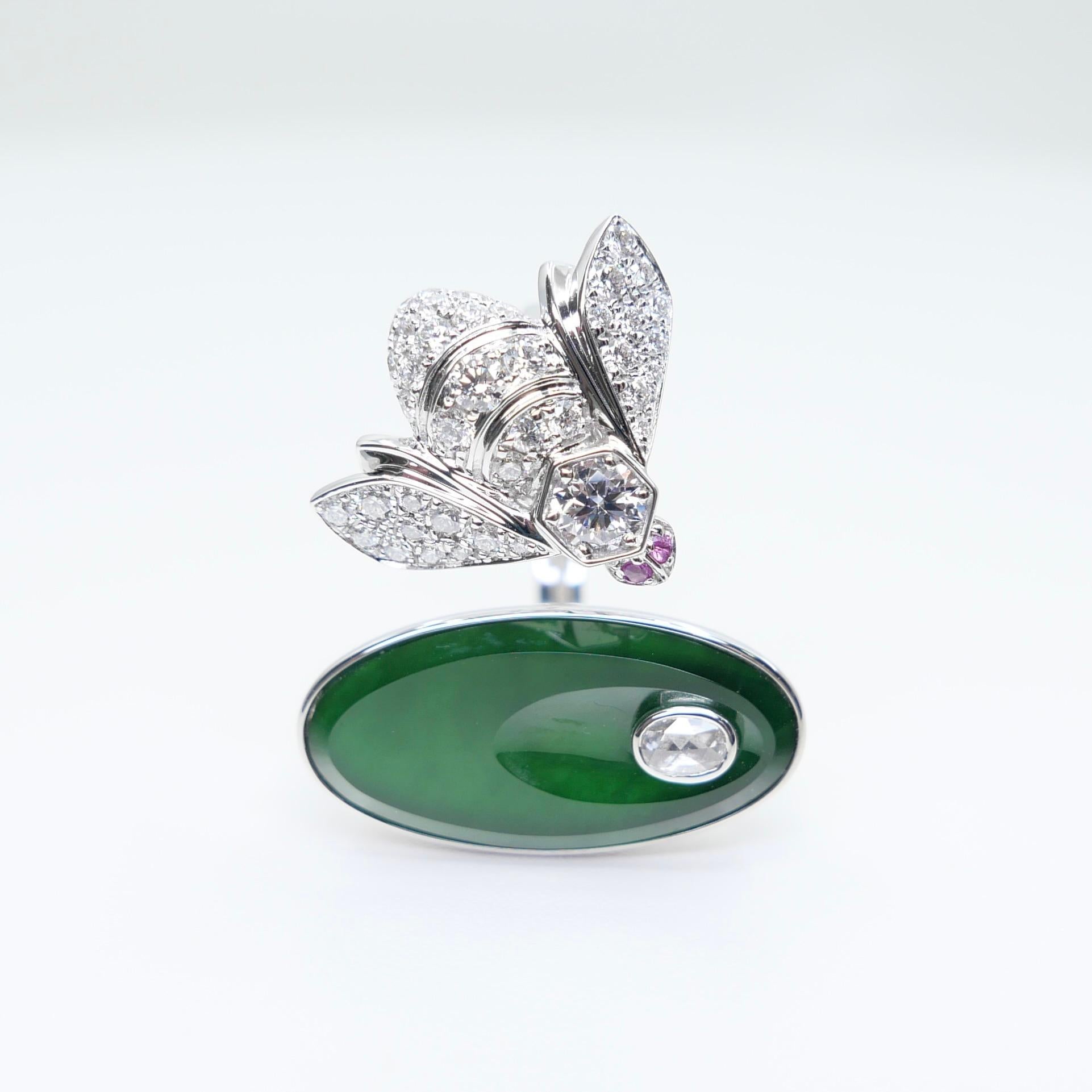 Certified Natural Jade, Rubies & Diamond Bee Cocktail Ring. Best Imperial Green! For Sale 2