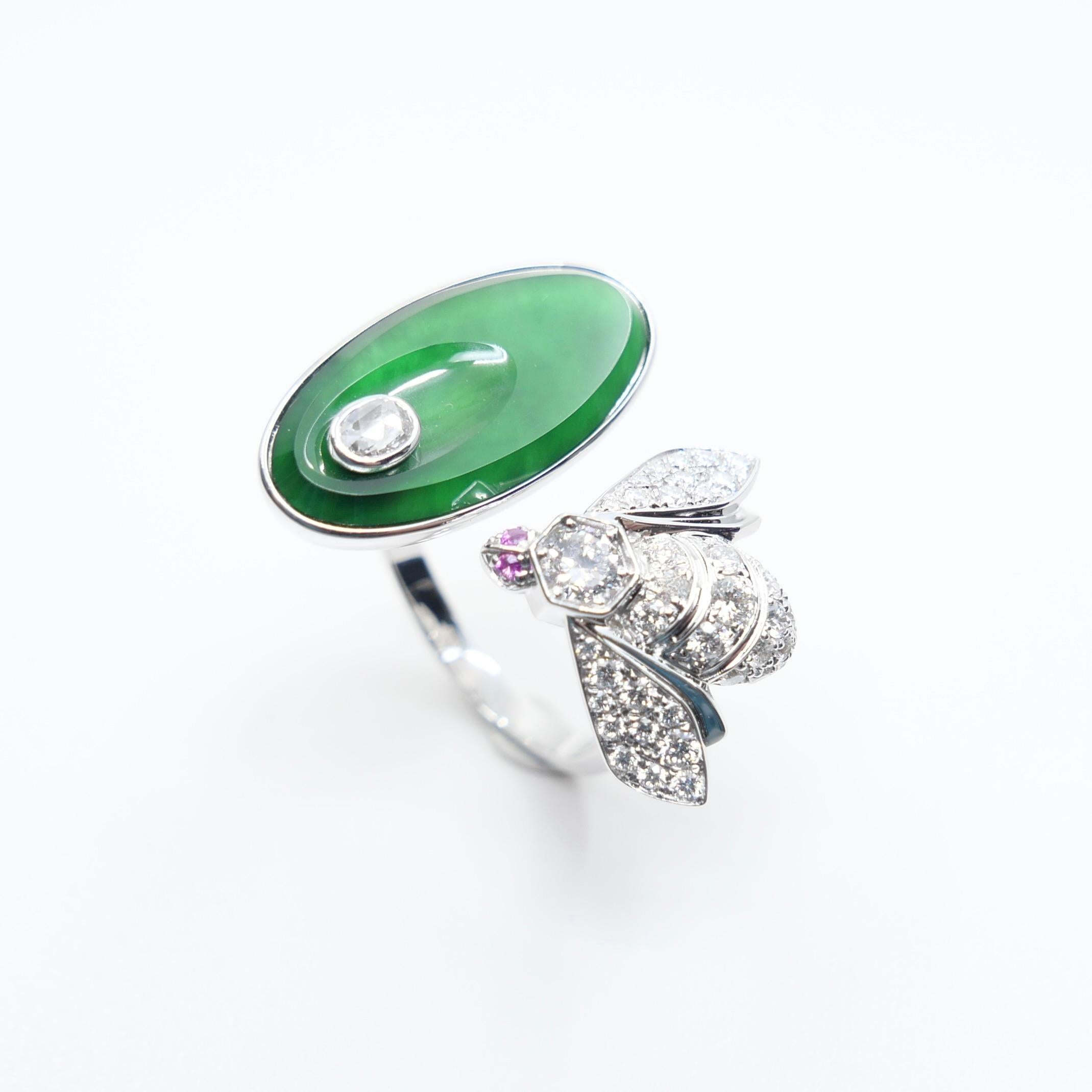 Certified Natural Jade, Rubies & Diamond Bee Cocktail Ring. Best Imperial Green! For Sale 4