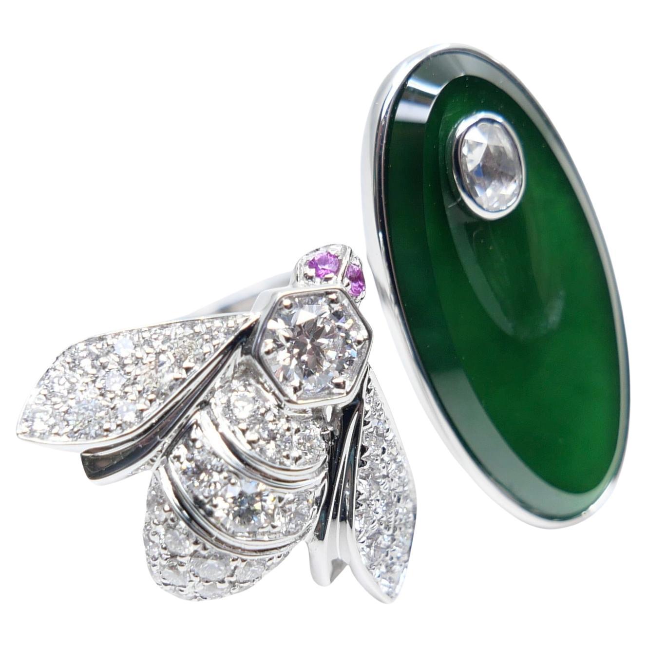 Certified Natural Jade, Rubies & Diamond Bee Cocktail Ring. Best Imperial Green!
