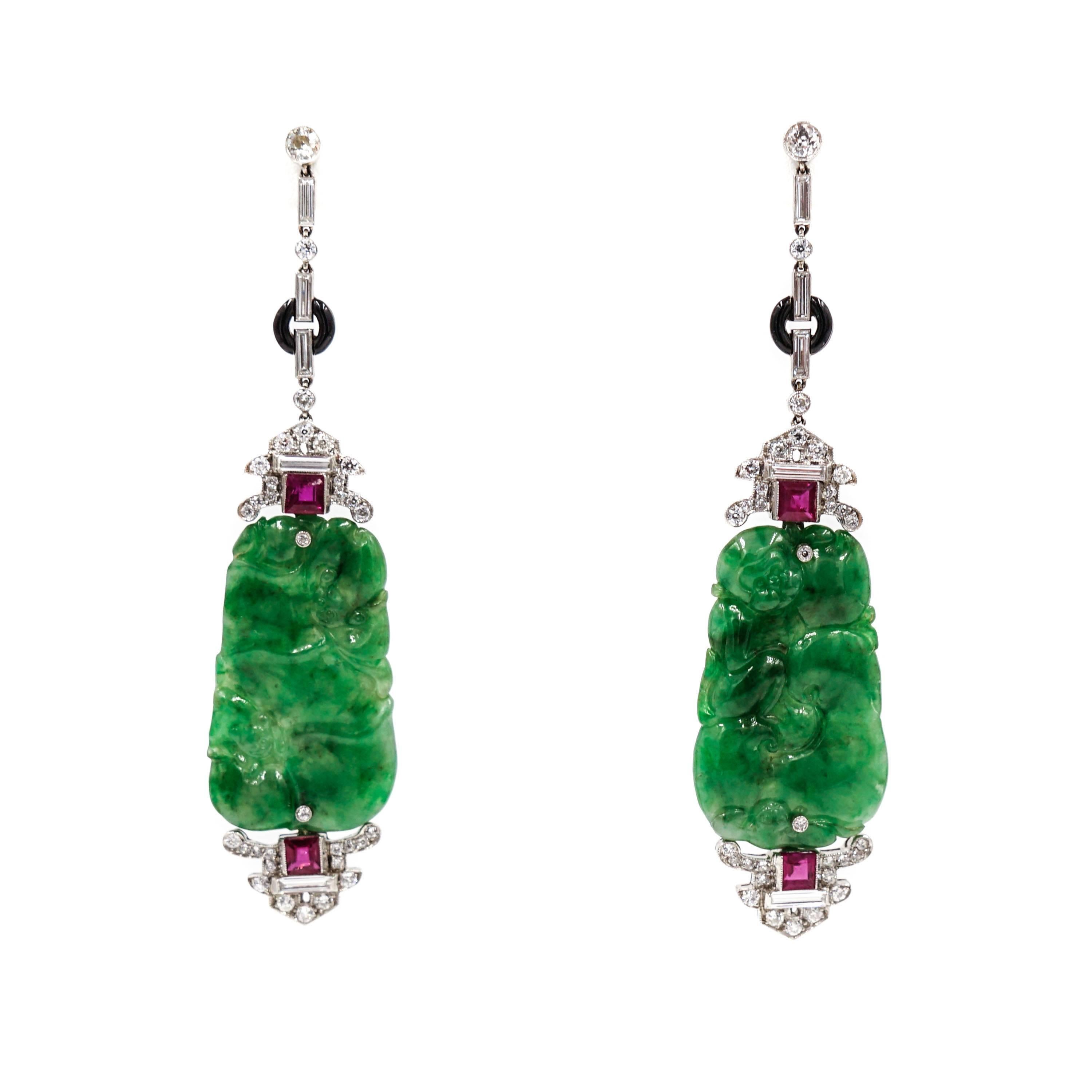 Natural Jade, Pink Sapphire and Diamond Modern Art Deco Platinum Drop Earrings For Sale